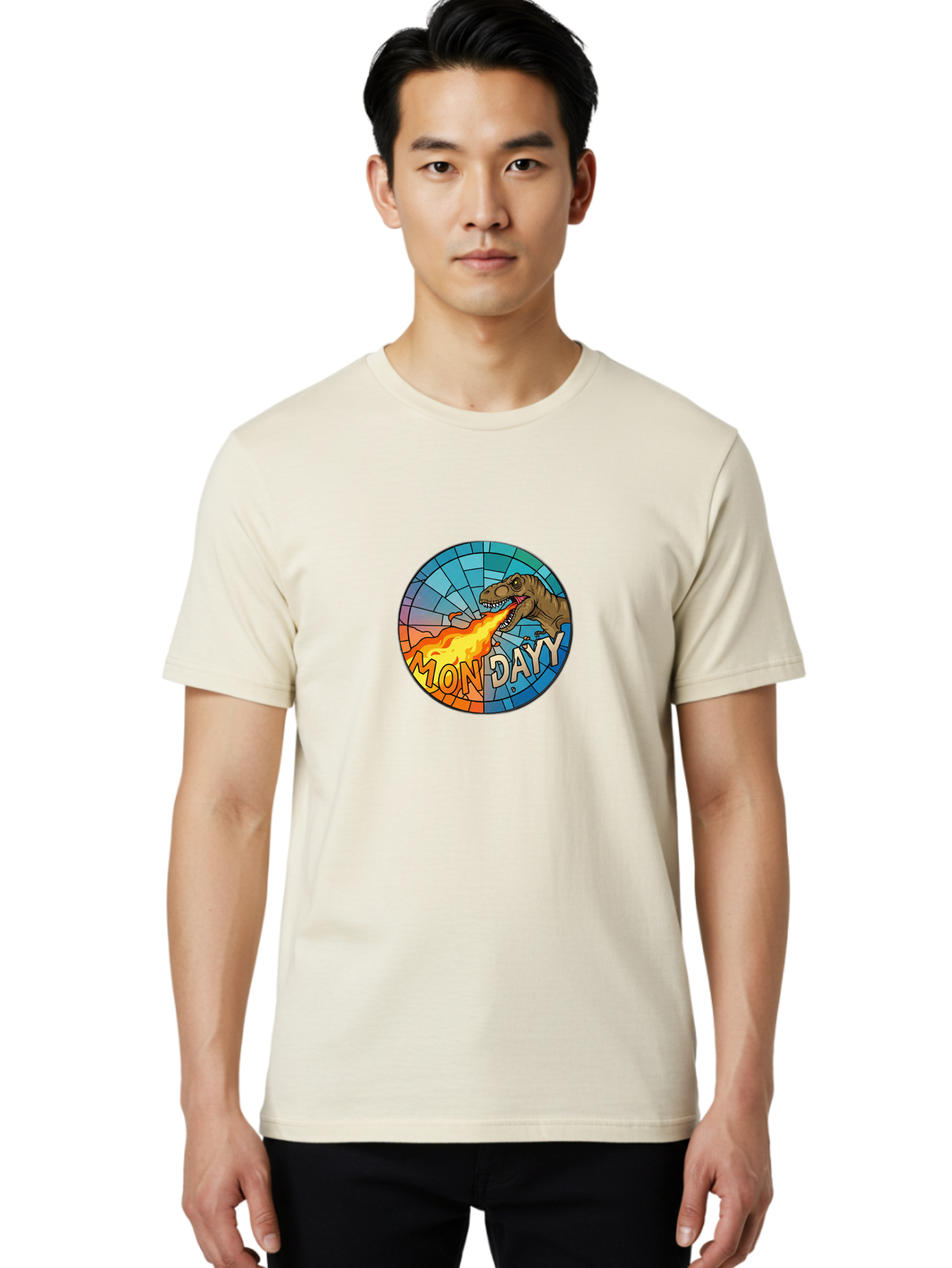 Mon-Dayy Men'S Graphic Tee, 100% Cotton, Comfortable Casual Summer Wear, Machine Washable, Cartoon T-Rex, Stained Glass Art, Fire-Breathing Dinosaur, Monday Motivation, Humorous Graphic, Bold Font, Dinosaur Artwork, Funny T-Rex Bae506 28