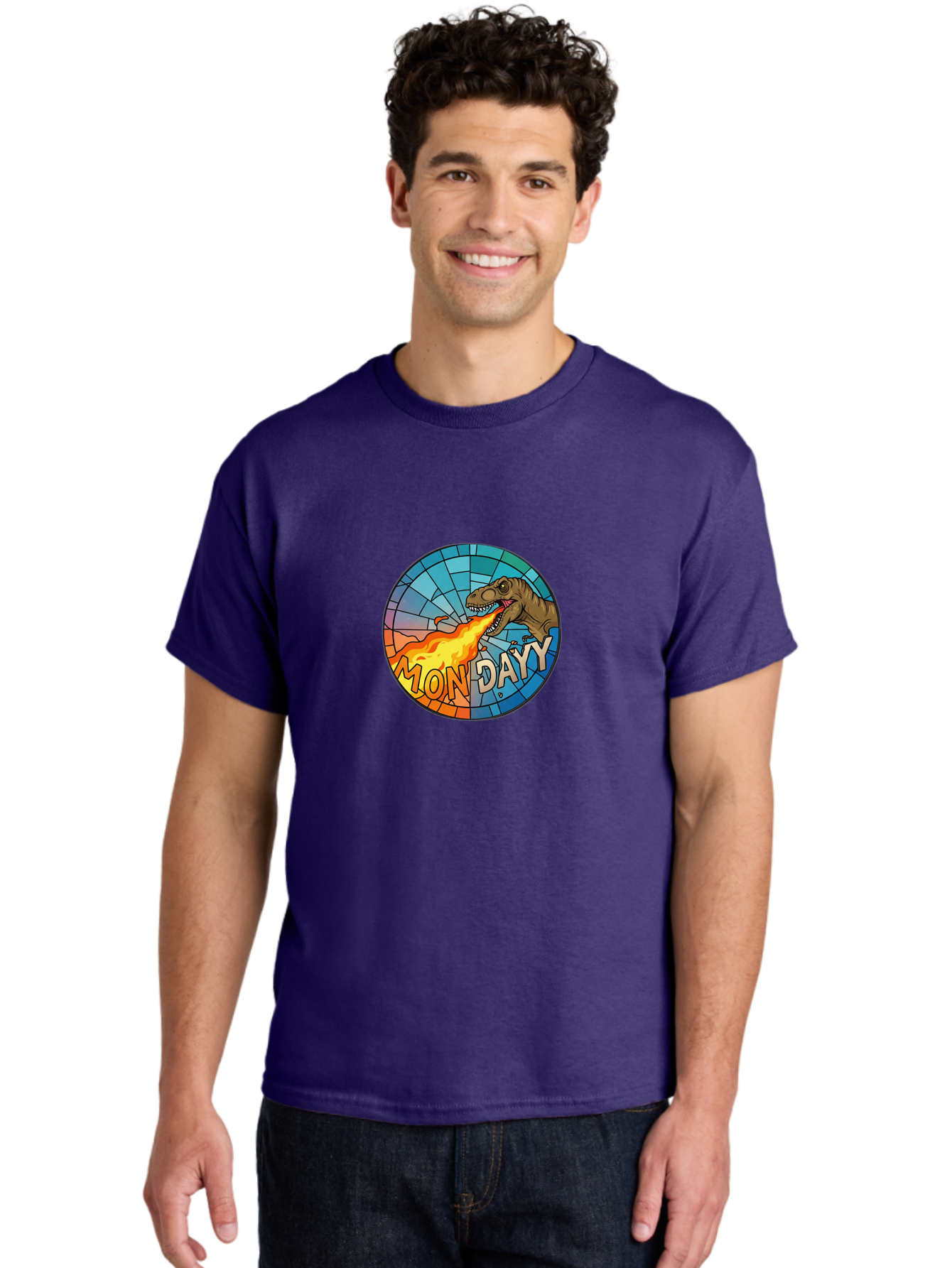 Mon-Dayy Men'S Graphic Tee, 100% Cotton, Comfortable Casual Summer Wear, Machine Washable, Cartoon T-Rex, Stained Glass Art, Fire-Breathing Dinosaur, Monday Motivation, Humorous Graphic, Bold Font, Dinosaur Artwork, Funny T-Rex Bae506 19