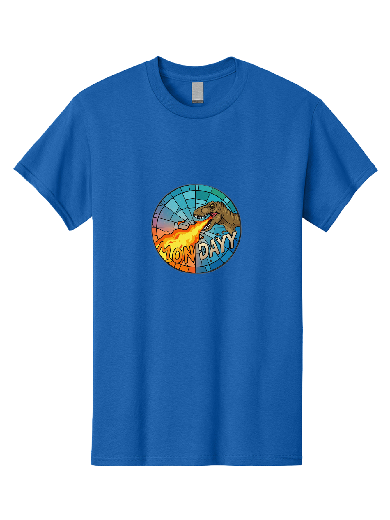 Mon-Dayy Men'S Graphic Tee, 100% Cotton, Comfortable Casual Summer Wear, Machine Washable, Cartoon T-Rex, Stained Glass Art, Fire-Breathing Dinosaur, Monday Motivation, Humorous Graphic, Bold Font, Dinosaur Artwork, Funny T-Rex Bae506 3