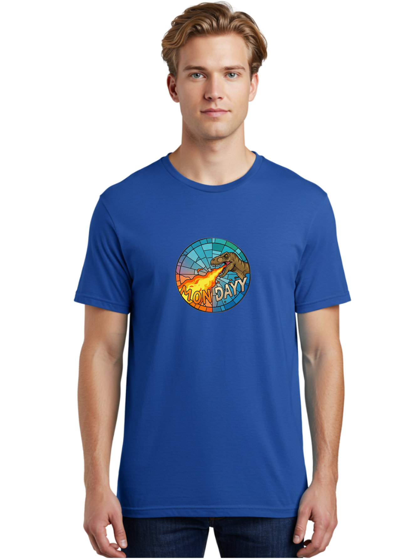Mon-Dayy Men'S Graphic Tee, 100% Cotton, Comfortable Casual Summer Wear, Machine Washable, Cartoon T-Rex, Stained Glass Art, Fire-Breathing Dinosaur, Monday Motivation, Humorous Graphic, Bold Font, Dinosaur Artwork, Funny T-Rex Bae506 18