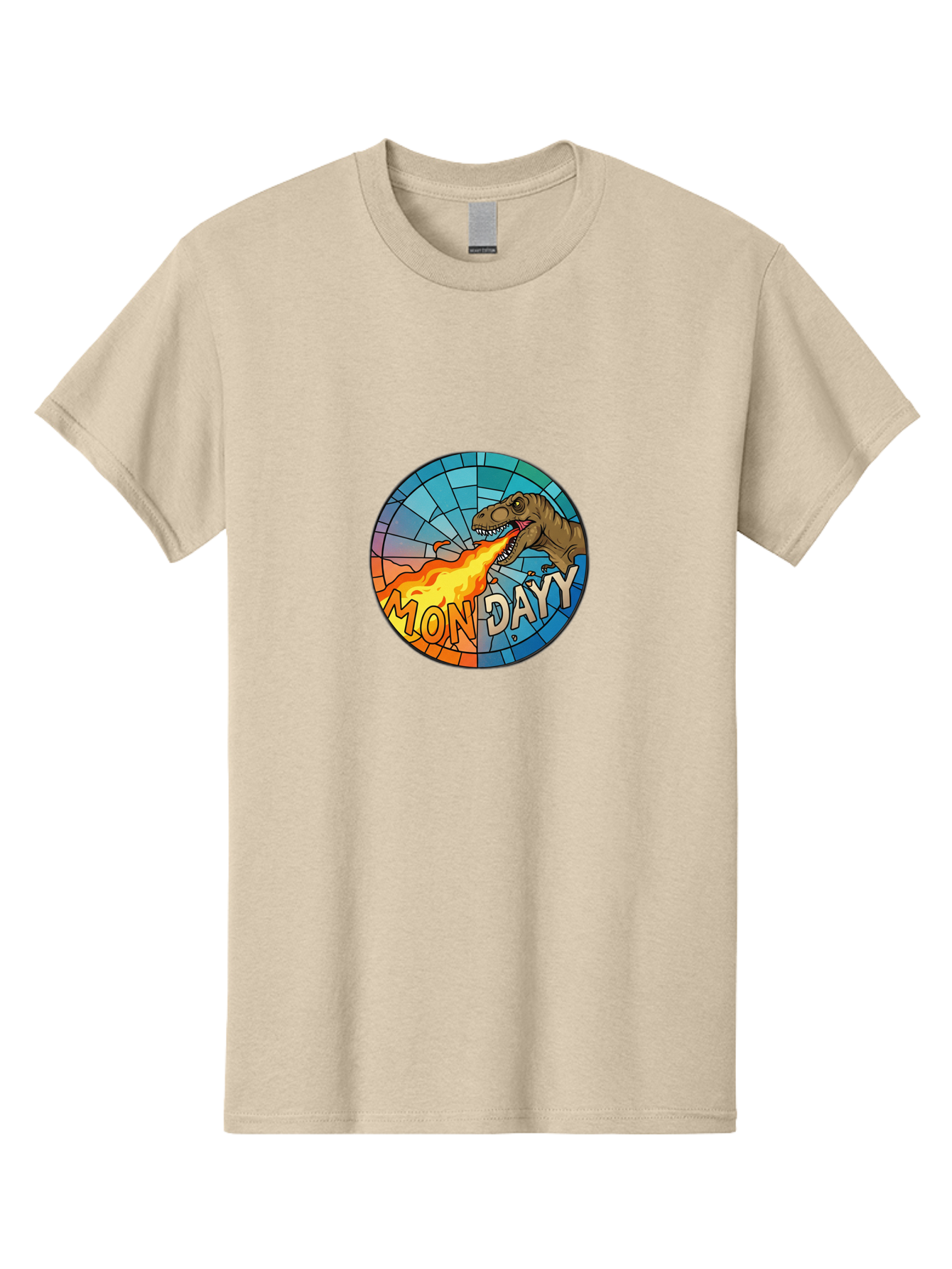 Mon-Dayy Men'S Graphic Tee, 100% Cotton, Comfortable Casual Summer Wear, Machine Washable, Cartoon T-Rex, Stained Glass Art, Fire-Breathing Dinosaur, Monday Motivation, Humorous Graphic, Bold Font, Dinosaur Artwork, Funny T-Rex Bae506 15