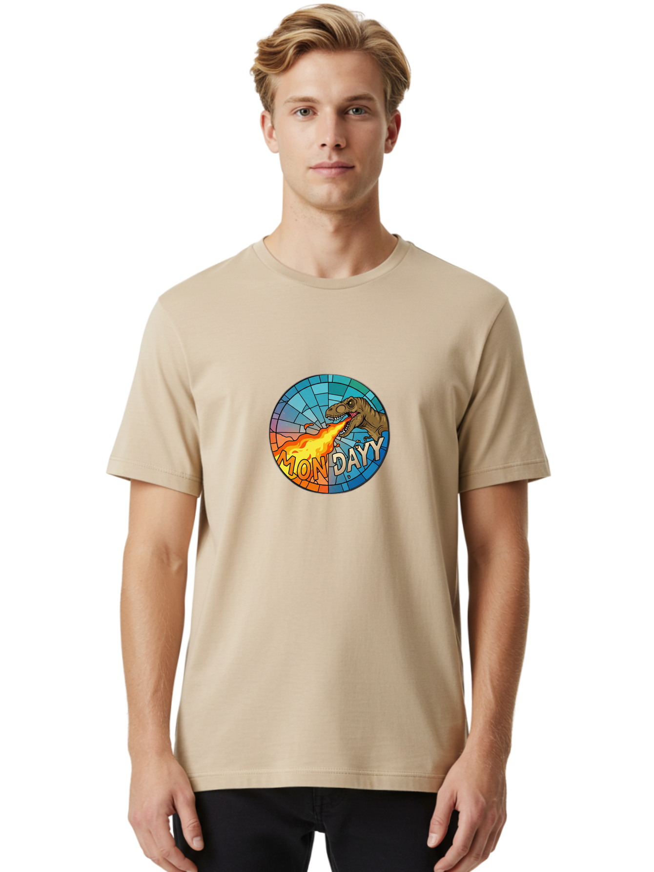 Mon-Dayy Men'S Graphic Tee, 100% Cotton, Comfortable Casual Summer Wear, Machine Washable, Cartoon T-Rex, Stained Glass Art, Fire-Breathing Dinosaur, Monday Motivation, Humorous Graphic, Bold Font, Dinosaur Artwork, Funny T-Rex Bae506 30