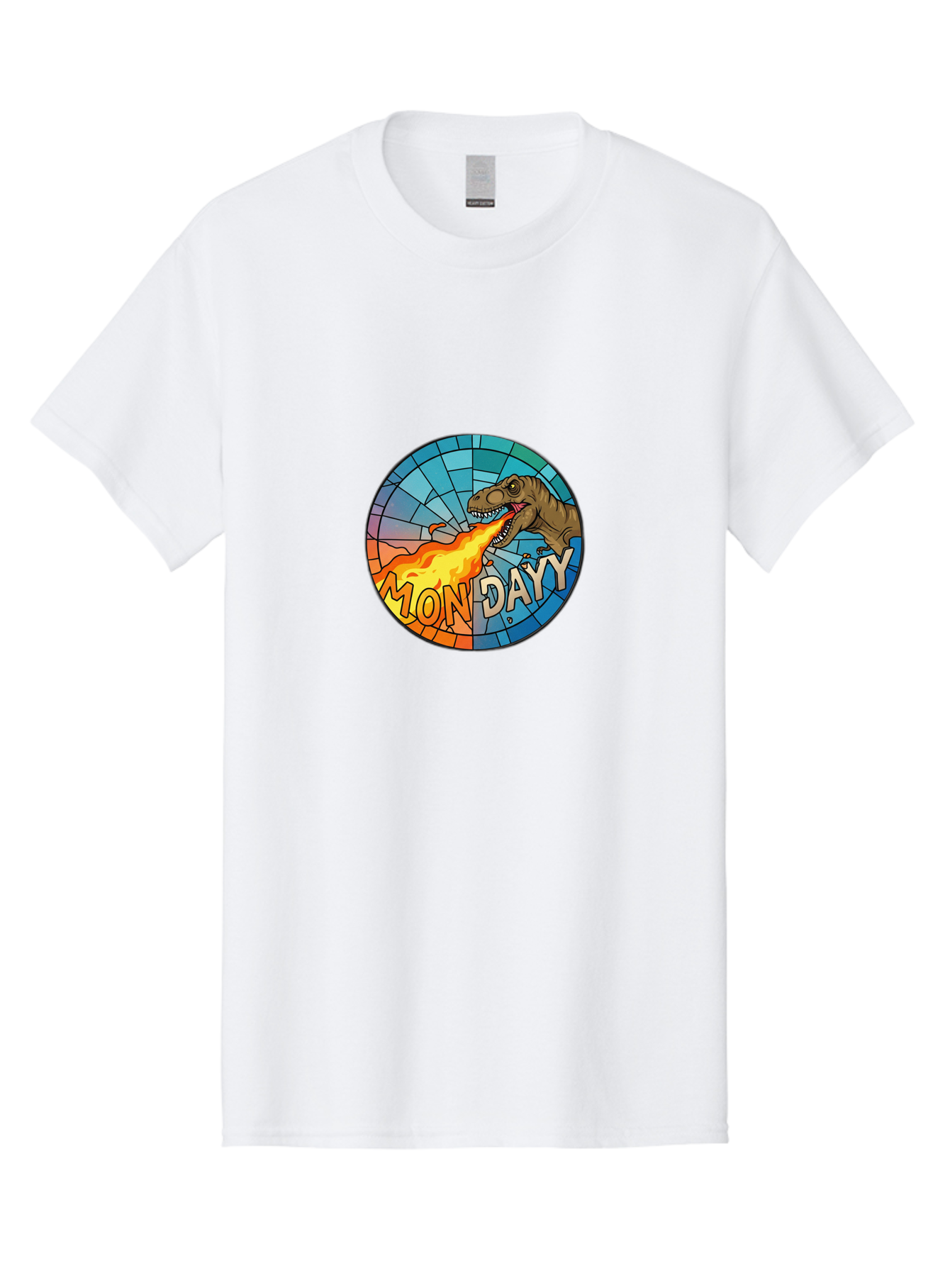 Mon-Dayy Men'S Graphic Tee, 100% Cotton, Comfortable Casual Summer Wear, Machine Washable, Cartoon T-Rex, Stained Glass Art, Fire-Breathing Dinosaur, Monday Motivation, Humorous Graphic, Bold Font, Dinosaur Artwork, Funny T-Rex Bae506 7
