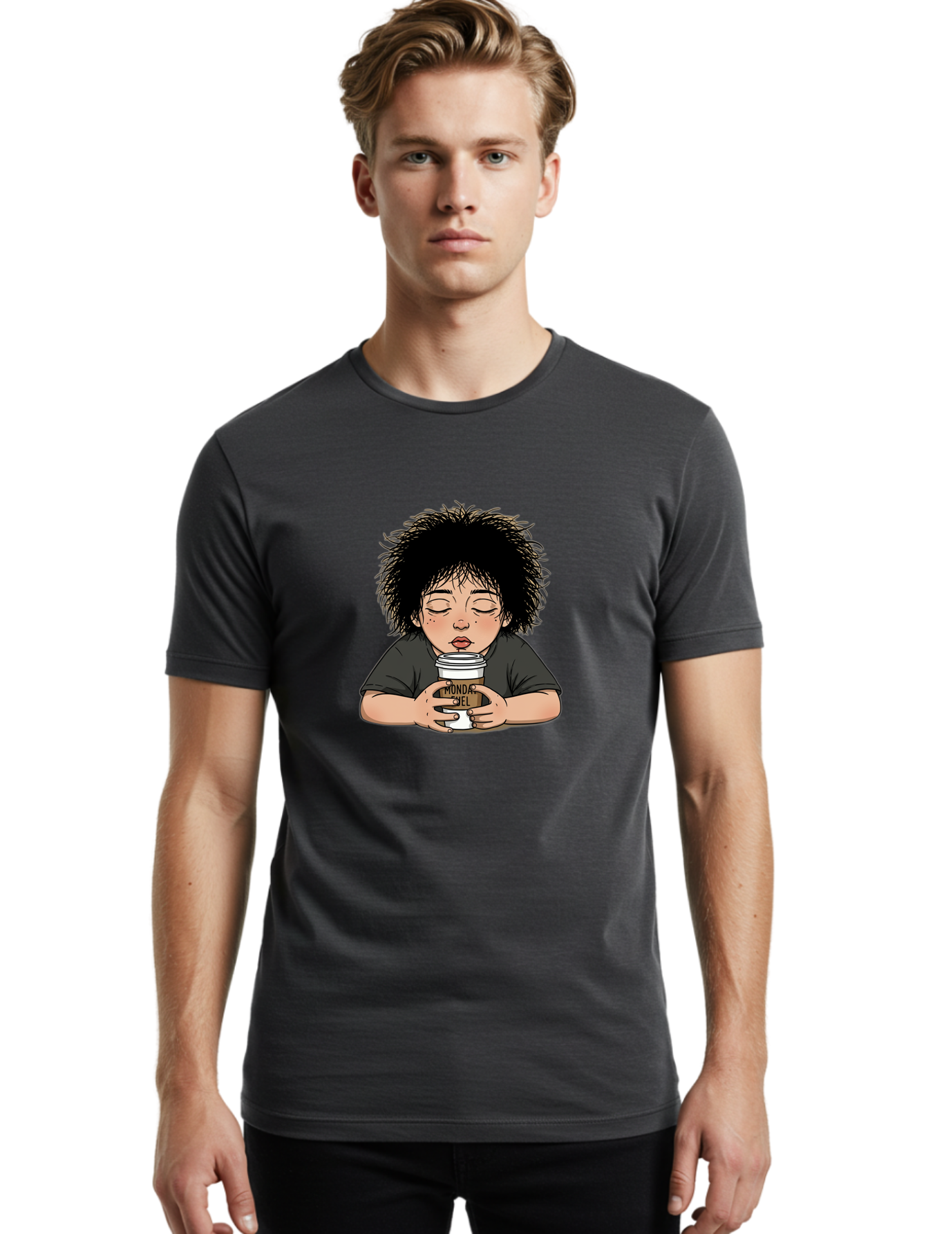 Monda-Ciel-Coffee Men'S Graphic Tee, 100% Cotton, Comfortable Casual Summer Wear, Machine Washable, Cartoon Child Drinking Coffee, Monda Jiel Coffee Cup, Relaxed Atmosphere, Coffee Culture, Morning Ritual, Coffee Lover, Black Coffee Bae507 23