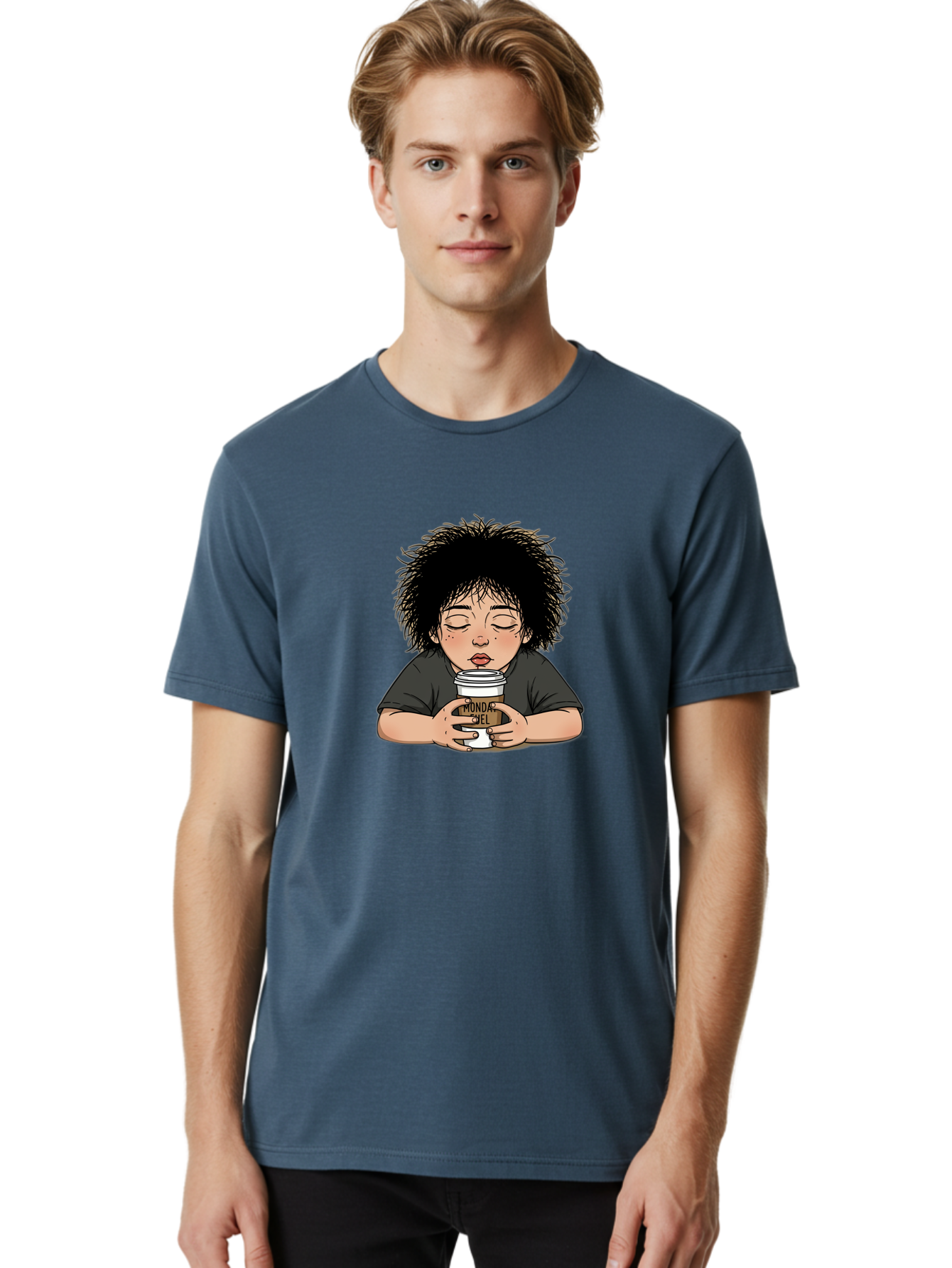 Monda-Ciel-Coffee Men'S Graphic Tee, 100% Cotton, Comfortable Casual Summer Wear, Machine Washable, Cartoon Child Drinking Coffee, Monda Jiel Coffee Cup, Relaxed Atmosphere, Coffee Culture, Morning Ritual, Coffee Lover, Black Coffee Bae507 19