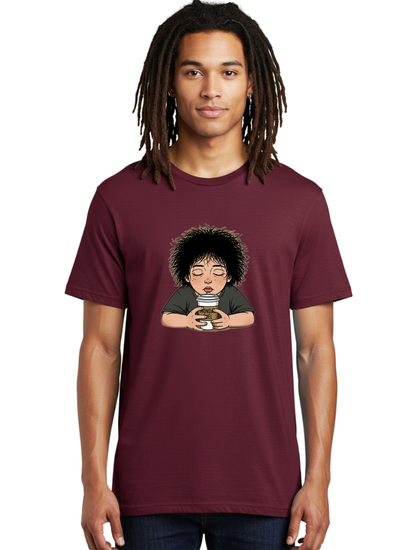 Monda-Ciel-Coffee Men'S Graphic Tee, 100% Cotton, Comfortable Casual Summer Wear, Machine Washable, Cartoon Child Drinking Coffee, Monda Jiel Coffee Cup, Relaxed Atmosphere, Coffee Culture, Morning Ritual, Coffee Lover, Black Coffee Bae507 30