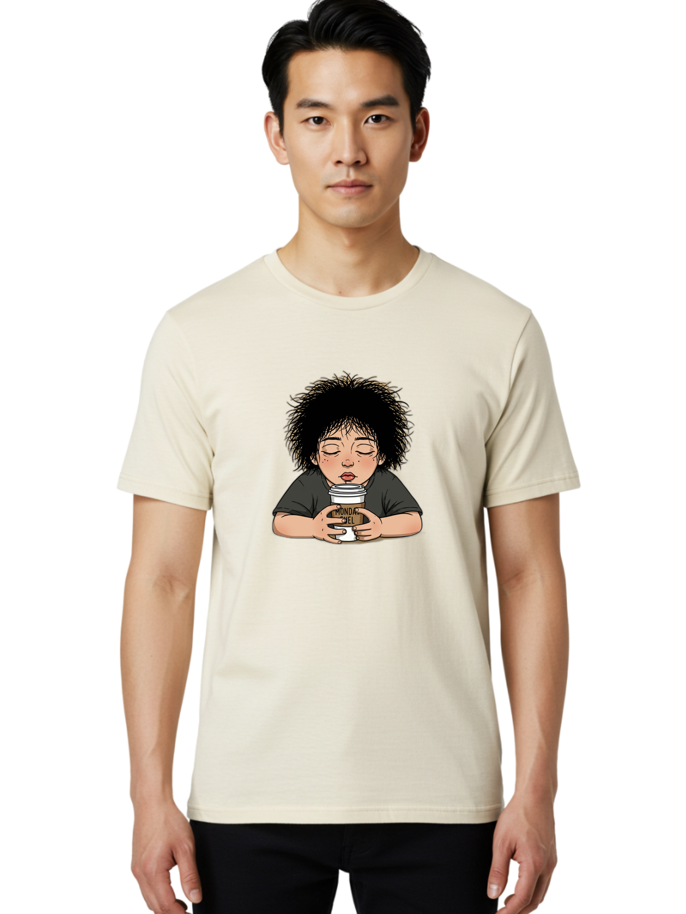 Monda-Ciel-Coffee Men'S Graphic Tee, 100% Cotton, Comfortable Casual Summer Wear, Machine Washable, Cartoon Child Drinking Coffee, Monda Jiel Coffee Cup, Relaxed Atmosphere, Coffee Culture, Morning Ritual, Coffee Lover, Black Coffee Bae507 27