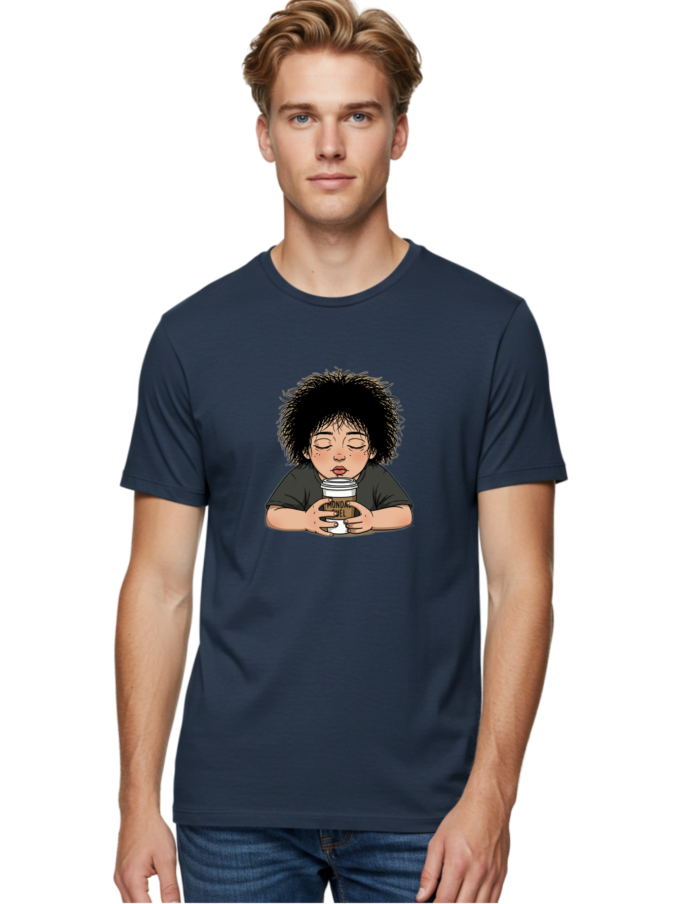Monda-Ciel-Coffee Men'S Graphic Tee, 100% Cotton, Comfortable Casual Summer Wear, Machine Washable, Cartoon Child Drinking Coffee, Monda Jiel Coffee Cup, Relaxed Atmosphere, Coffee Culture, Morning Ritual, Coffee Lover, Black Coffee Bae507 25