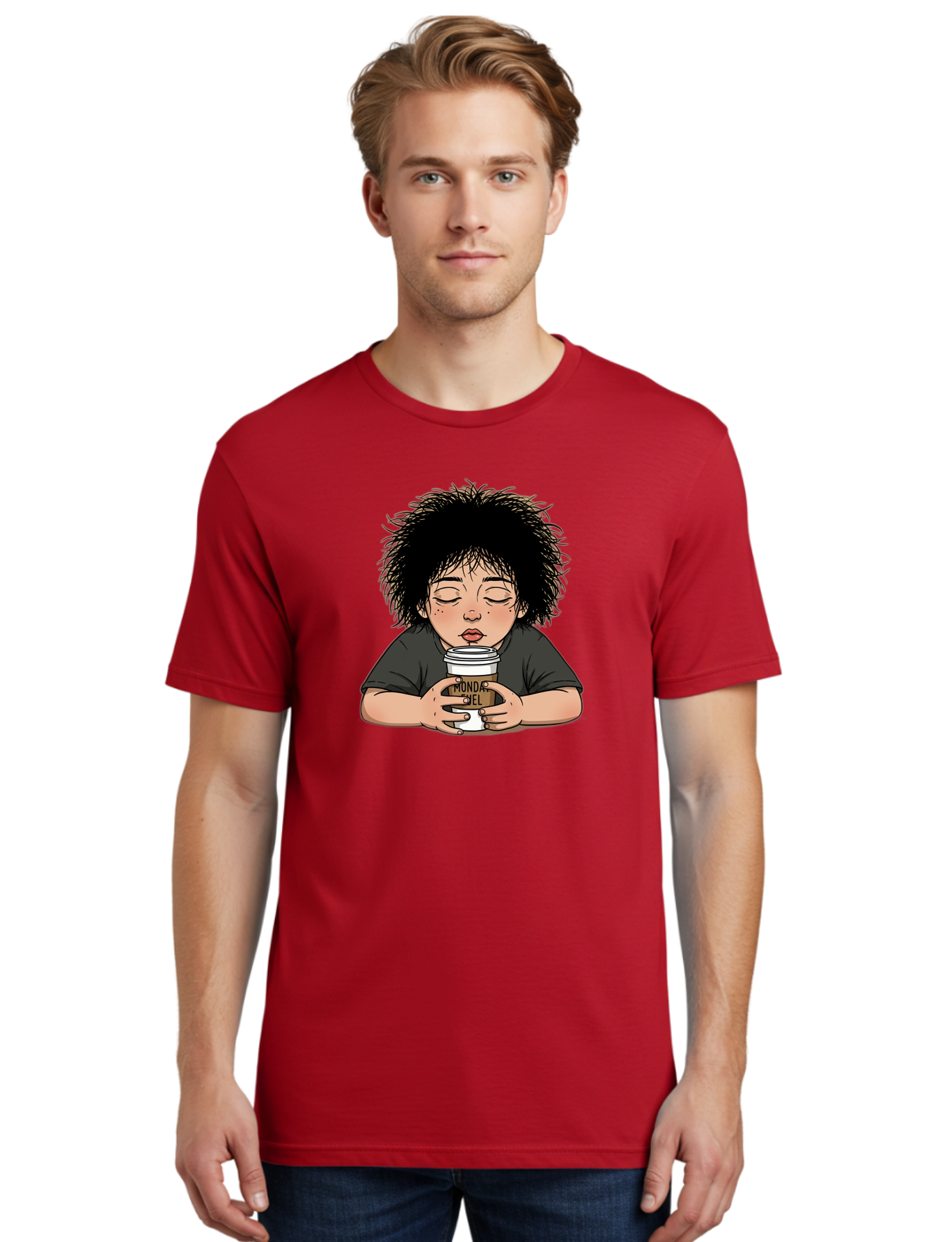 Monda-Ciel-Coffee Men'S Graphic Tee, 100% Cotton, Comfortable Casual Summer Wear, Machine Washable, Cartoon Child Drinking Coffee, Monda Jiel Coffee Cup, Relaxed Atmosphere, Coffee Culture, Morning Ritual, Coffee Lover, Black Coffee Bae507 16