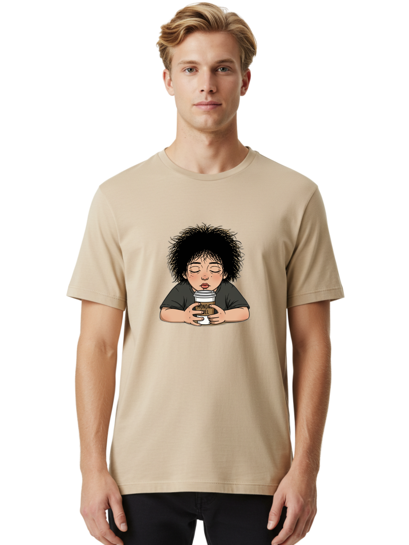 Monda-Ciel-Coffee Men'S Graphic Tee, 100% Cotton, Comfortable Casual Summer Wear, Machine Washable, Cartoon Child Drinking Coffee, Monda Jiel Coffee Cup, Relaxed Atmosphere, Coffee Culture, Morning Ritual, Coffee Lover, Black Coffee Bae507 28