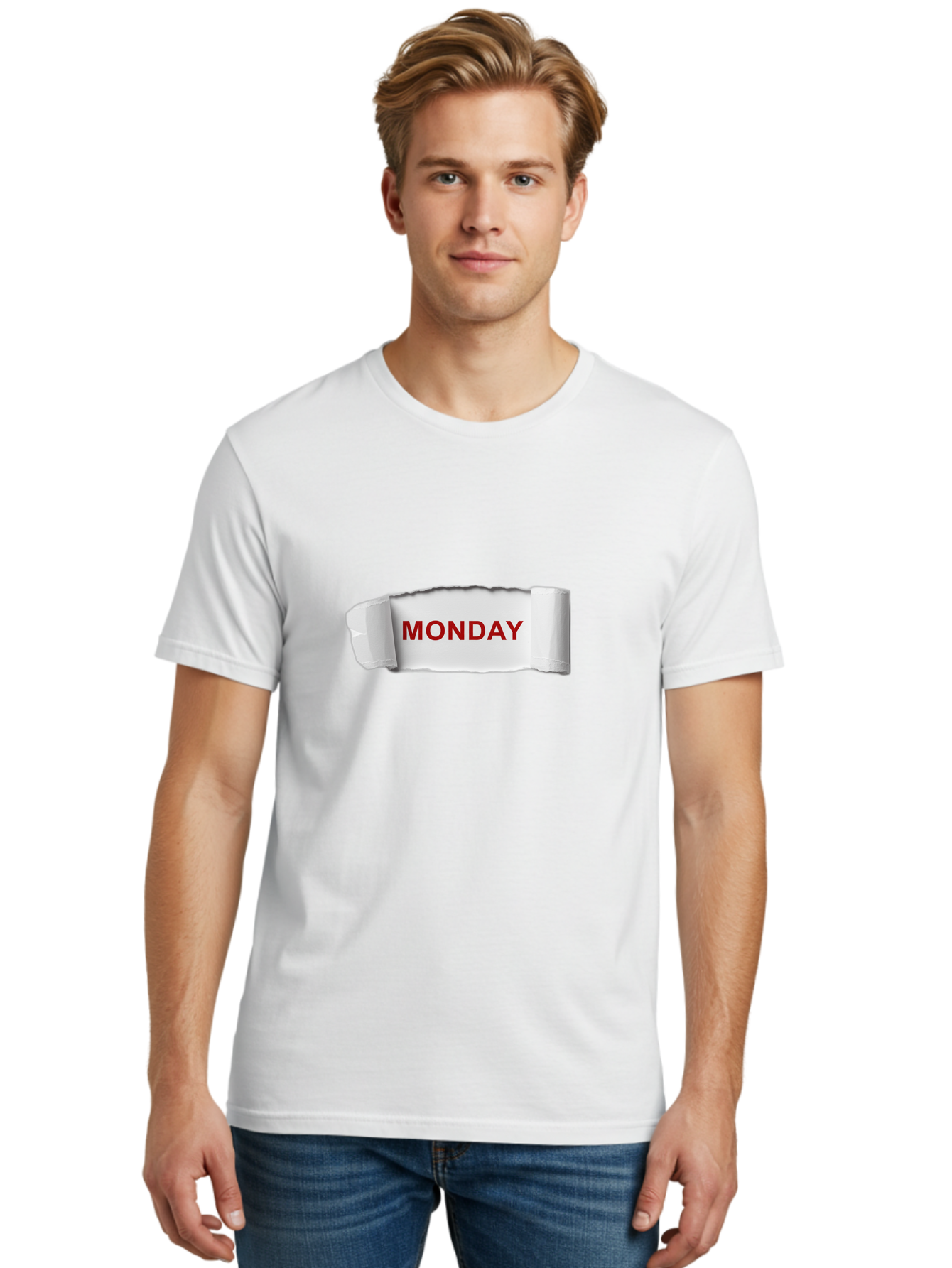 Monday-4 Men'S Graphic Tee, 100% Cotton, Comfortable Casual Summer Wear, Machine Washable, Monday Motivation, Ripped Paper Effect, Red Text, Bold Font, Creative Design, Office Supplies, Workplace Inspiration, Calendar Day, Weekly Reminder Bae511 17