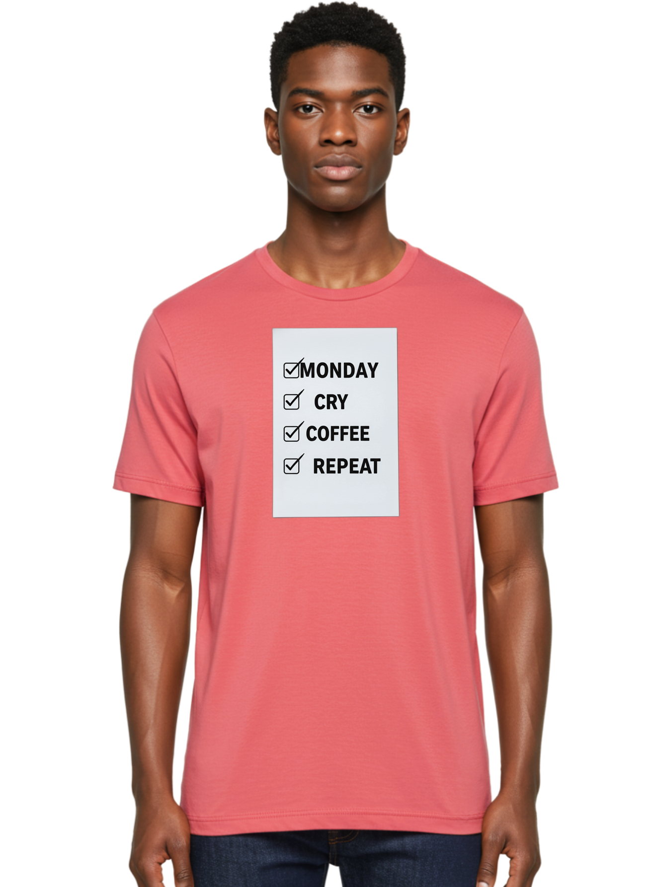 Monday-Cry-Coffee-Repeat-1 Men'S Graphic Tee, 100% Cotton, Comfortable Casual Summer Wear, Machine Washable, Monday Motivation, Funny To-Do List, Coffee Humor, Monday Blues, Office Humor, Work Life Balance, Morning Routine, Coffee Break Bae514 26