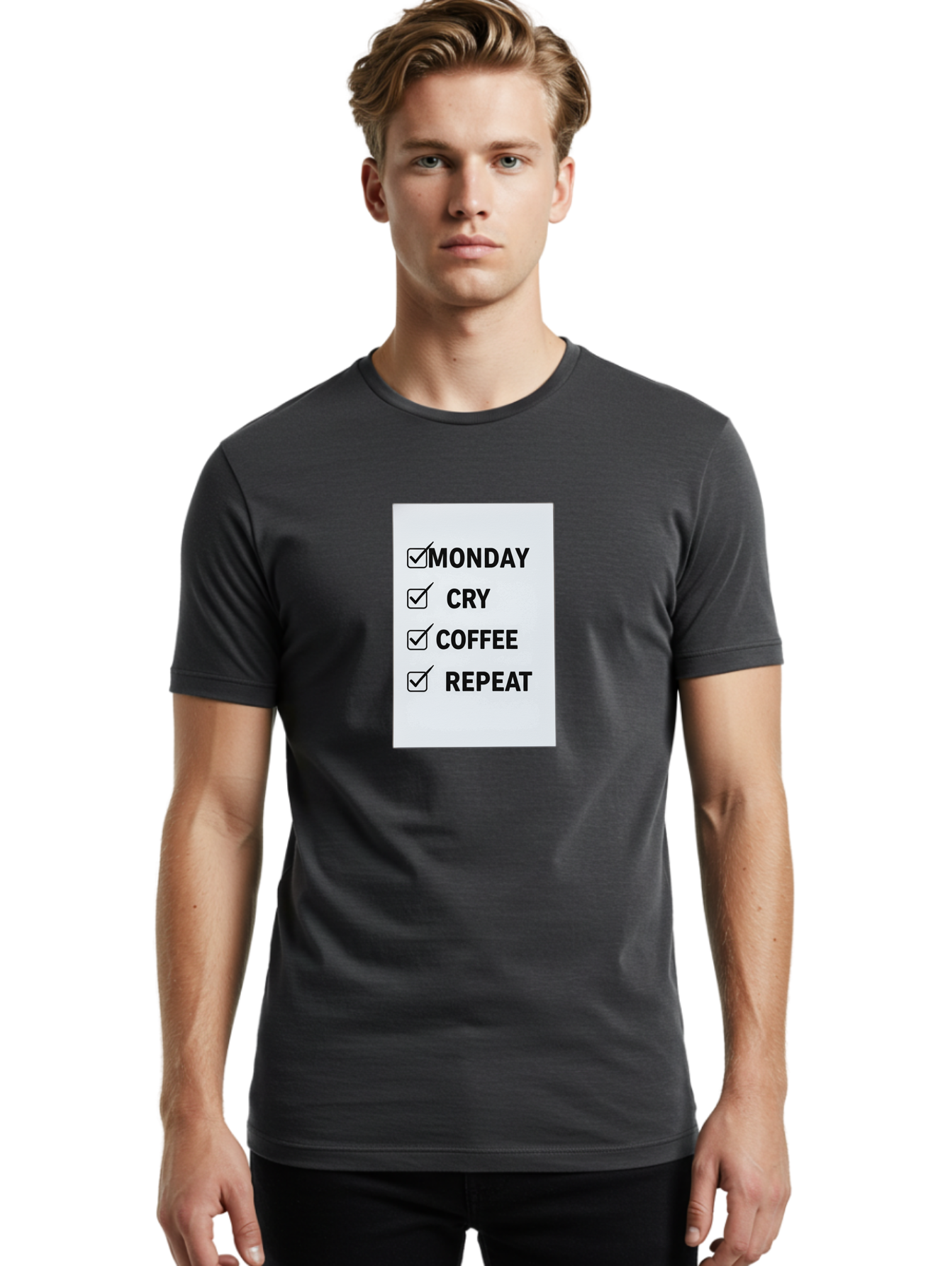 Monday-Cry-Coffee-Repeat-1 Men'S Graphic Tee, 100% Cotton, Comfortable Casual Summer Wear, Machine Washable, Monday Motivation, Funny To-Do List, Coffee Humor, Monday Blues, Office Humor, Work Life Balance, Morning Routine, Coffee Break Bae514 29