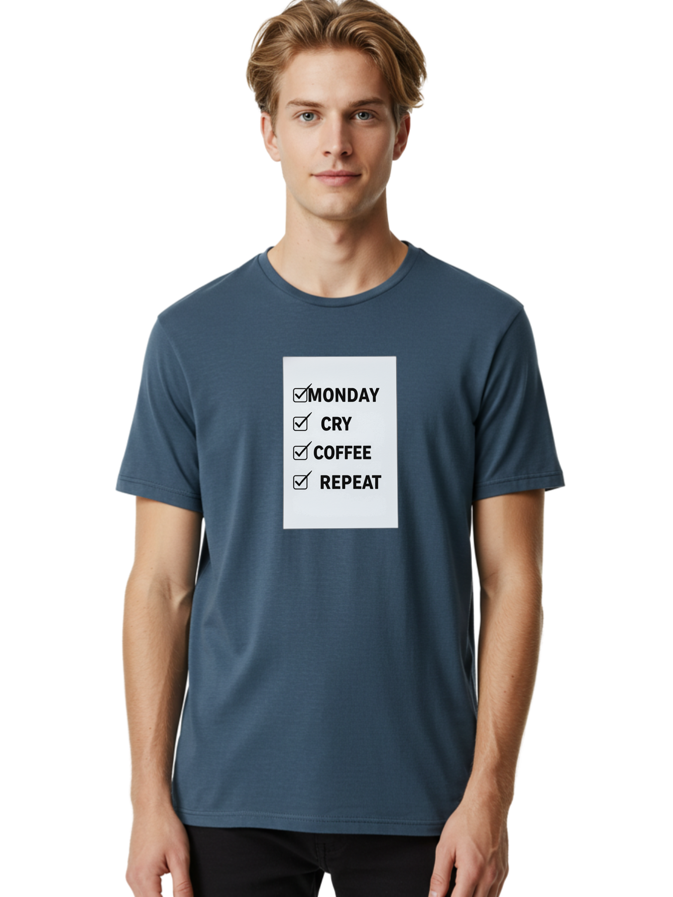 Monday-Cry-Coffee-Repeat-1 Men'S Graphic Tee, 100% Cotton, Comfortable Casual Summer Wear, Machine Washable, Monday Motivation, Funny To-Do List, Coffee Humor, Monday Blues, Office Humor, Work Life Balance, Morning Routine, Coffee Break Bae514 23