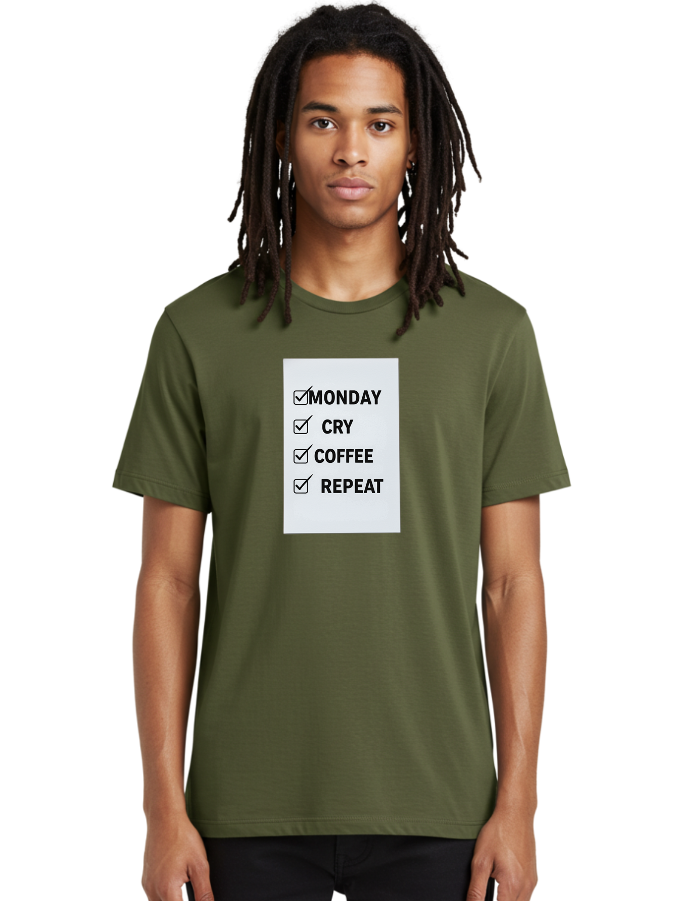 Monday-Cry-Coffee-Repeat-1 Men'S Graphic Tee, 100% Cotton, Comfortable Casual Summer Wear, Machine Washable, Monday Motivation, Funny To-Do List, Coffee Humor, Monday Blues, Office Humor, Work Life Balance, Morning Routine, Coffee Break Bae514 20