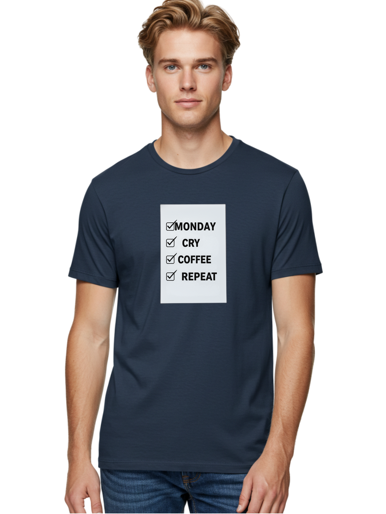 Monday-Cry-Coffee-Repeat-1 Men'S Graphic Tee, 100% Cotton, Comfortable Casual Summer Wear, Machine Washable, Monday Motivation, Funny To-Do List, Coffee Humor, Monday Blues, Office Humor, Work Life Balance, Morning Routine, Coffee Break Bae514 17