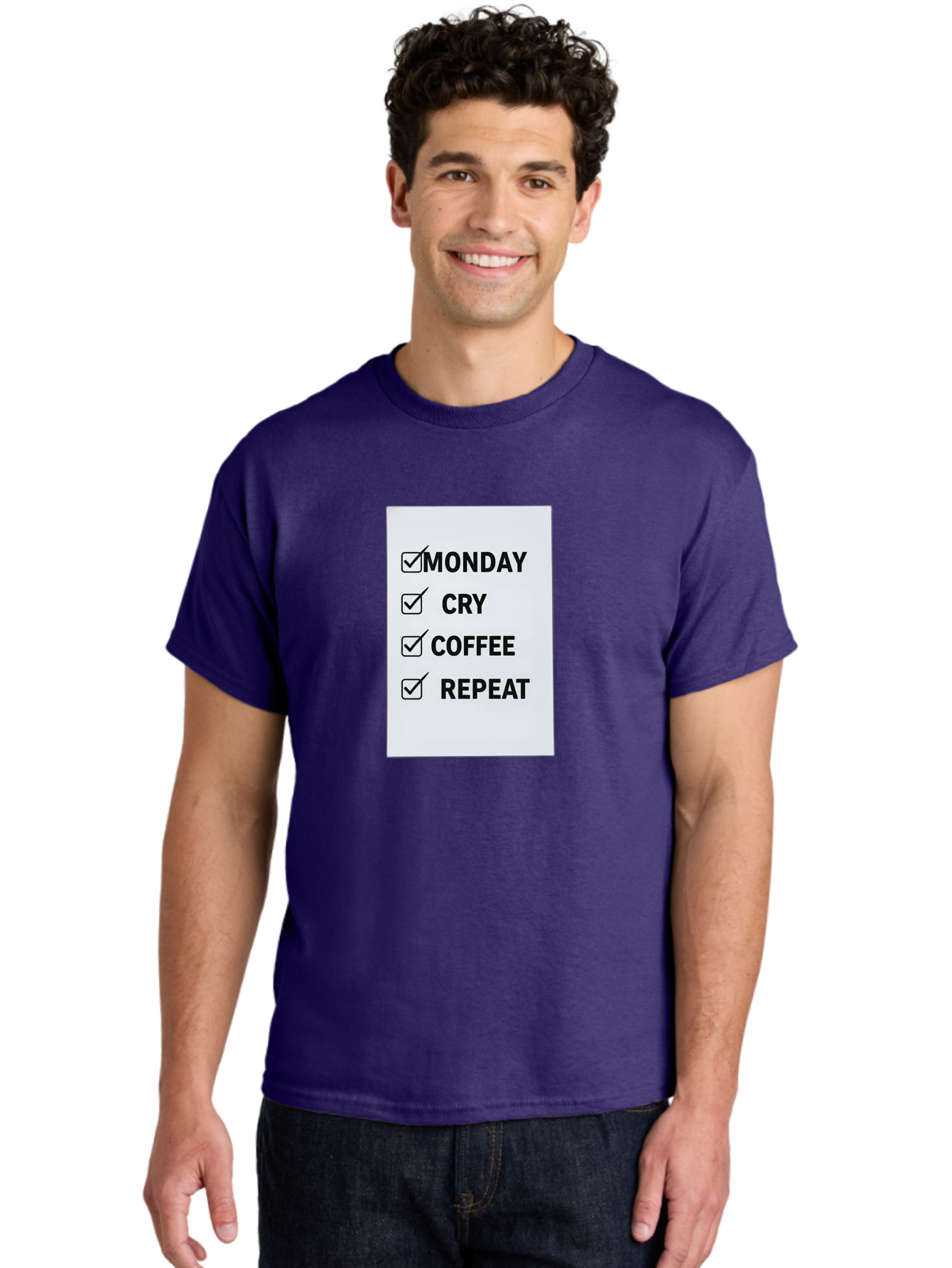 Monday-Cry-Coffee-Repeat-1 Men'S Graphic Tee, 100% Cotton, Comfortable Casual Summer Wear, Machine Washable, Monday Motivation, Funny To-Do List, Coffee Humor, Monday Blues, Office Humor, Work Life Balance, Morning Routine, Coffee Break Bae514 25