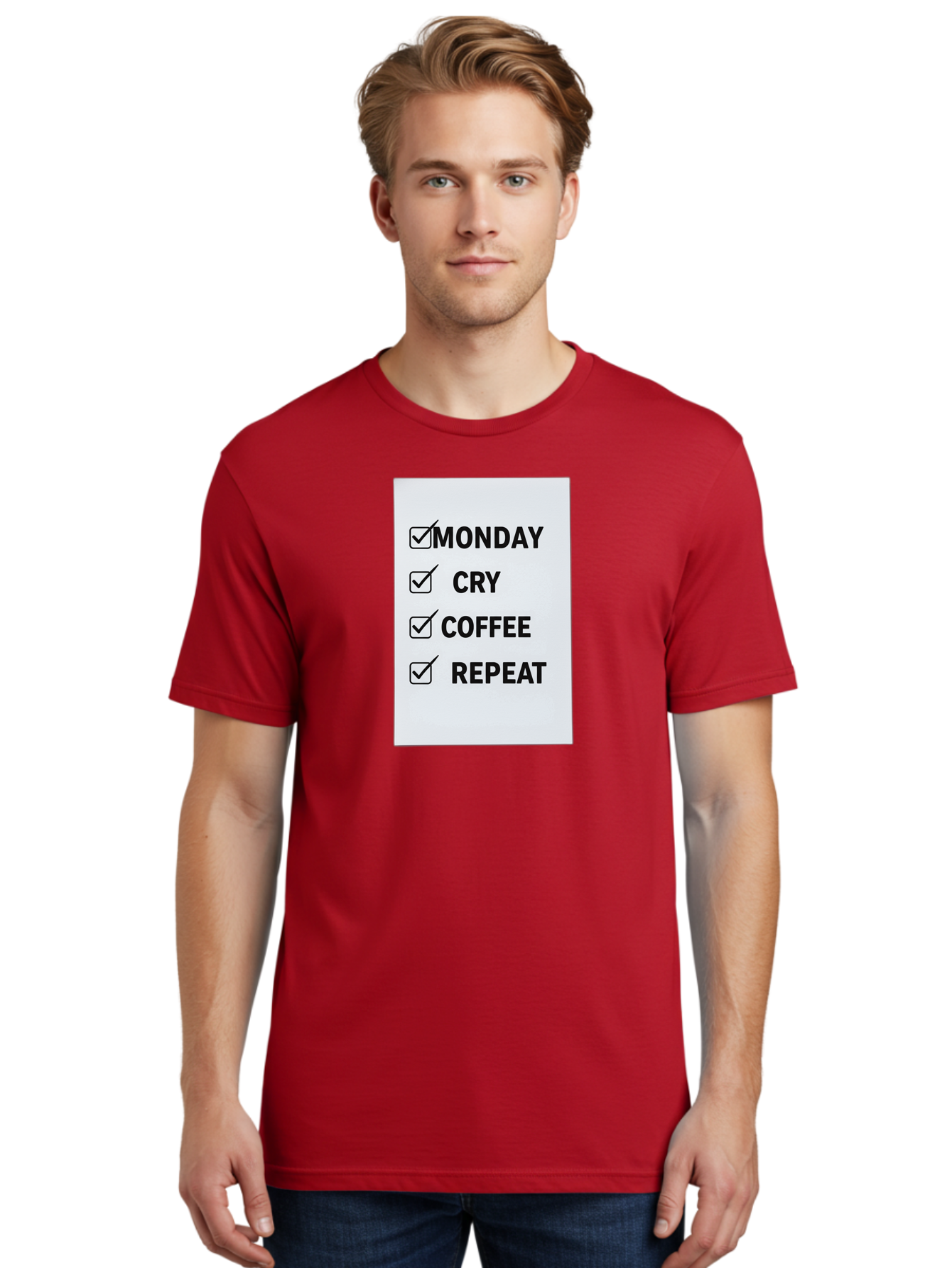 Monday-Cry-Coffee-Repeat-1 Men'S Graphic Tee, 100% Cotton, Comfortable Casual Summer Wear, Machine Washable, Monday Motivation, Funny To-Do List, Coffee Humor, Monday Blues, Office Humor, Work Life Balance, Morning Routine, Coffee Break Bae514 22