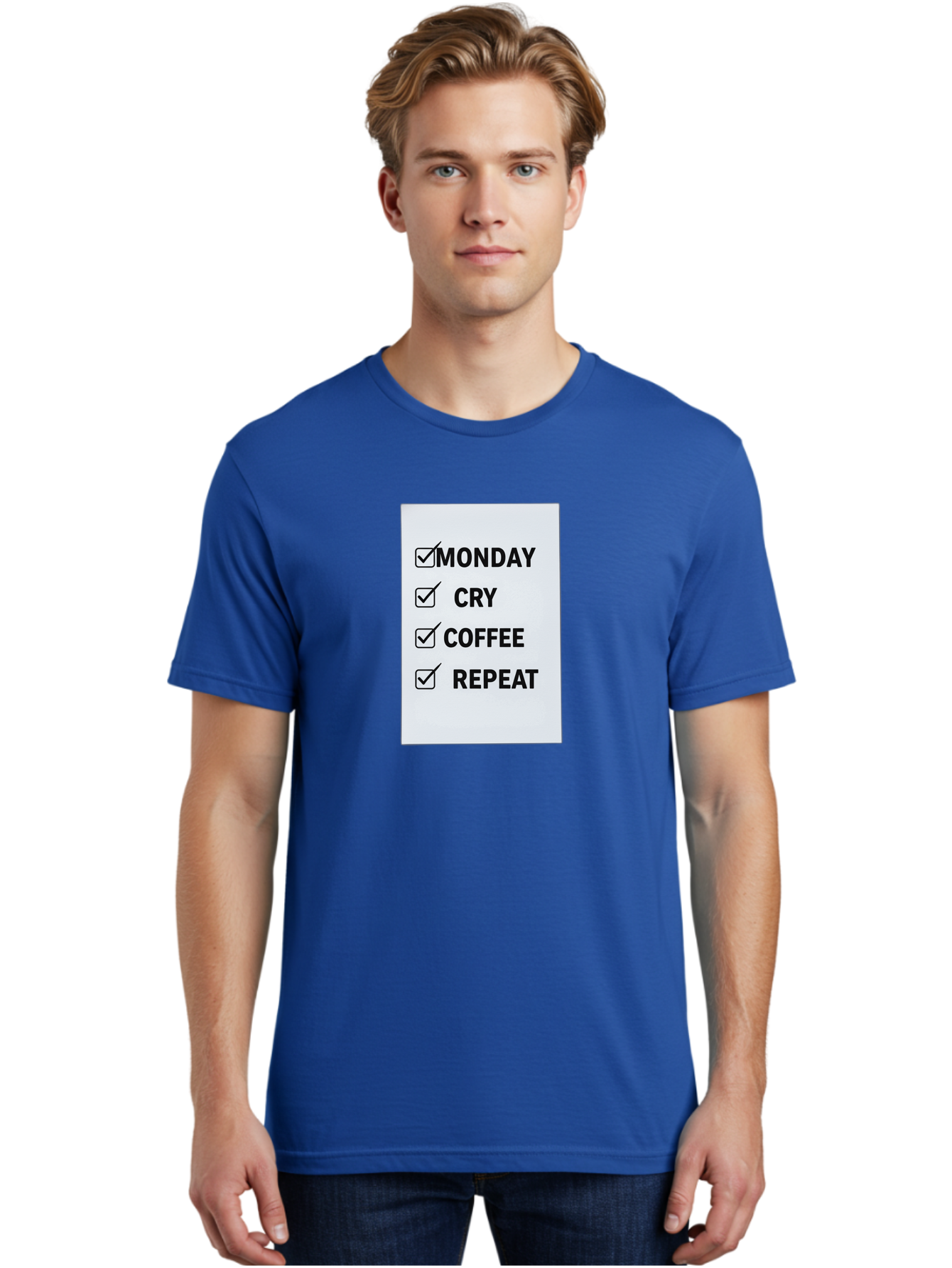 Monday-Cry-Coffee-Repeat-1 Men'S Graphic Tee, 100% Cotton, Comfortable Casual Summer Wear, Machine Washable, Monday Motivation, Funny To-Do List, Coffee Humor, Monday Blues, Office Humor, Work Life Balance, Morning Routine, Coffee Break Bae514 30