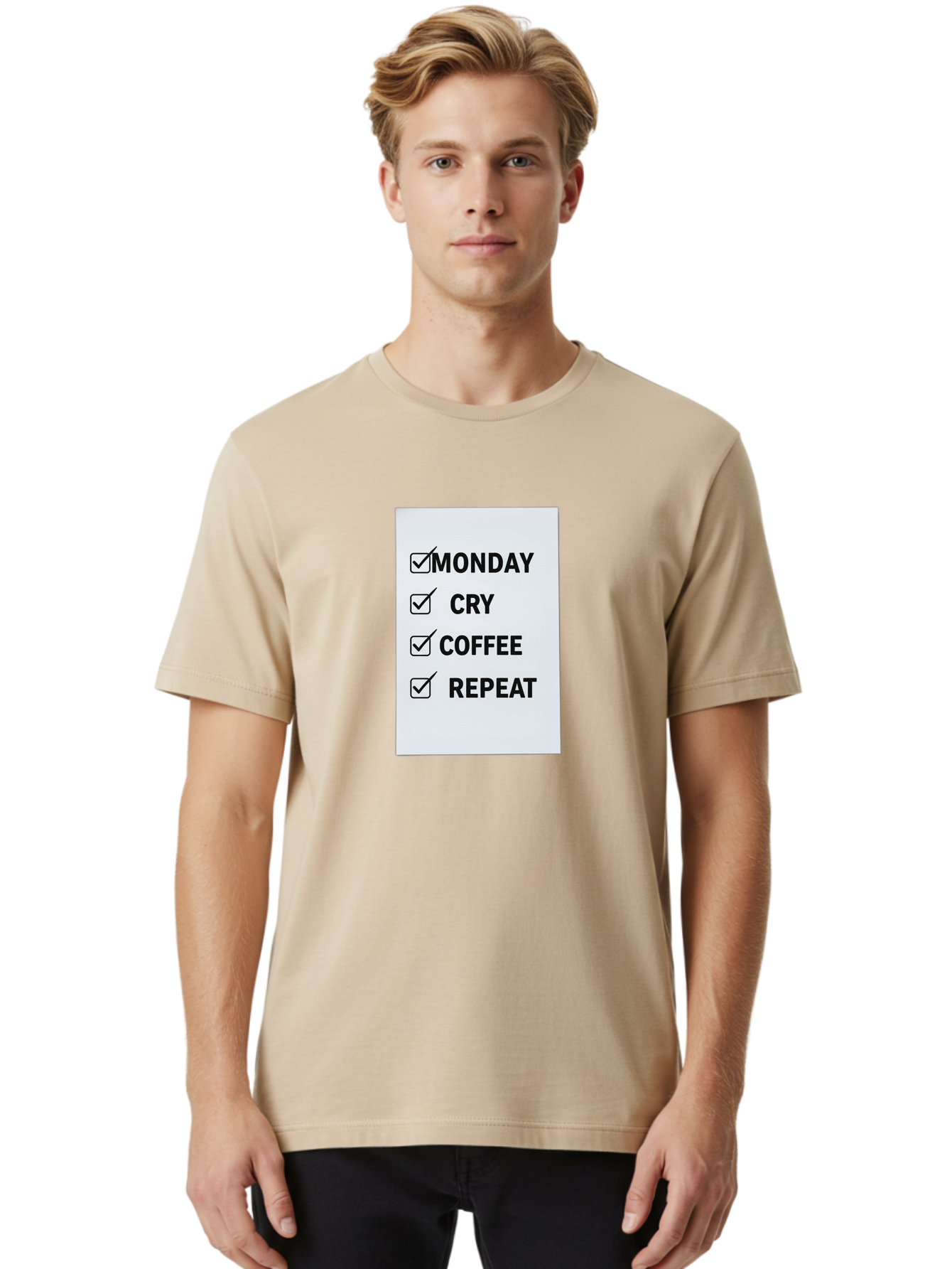 Monday-Cry-Coffee-Repeat-1 Men'S Graphic Tee, 100% Cotton, Comfortable Casual Summer Wear, Machine Washable, Monday Motivation, Funny To-Do List, Coffee Humor, Monday Blues, Office Humor, Work Life Balance, Morning Routine, Coffee Break Bae514 28