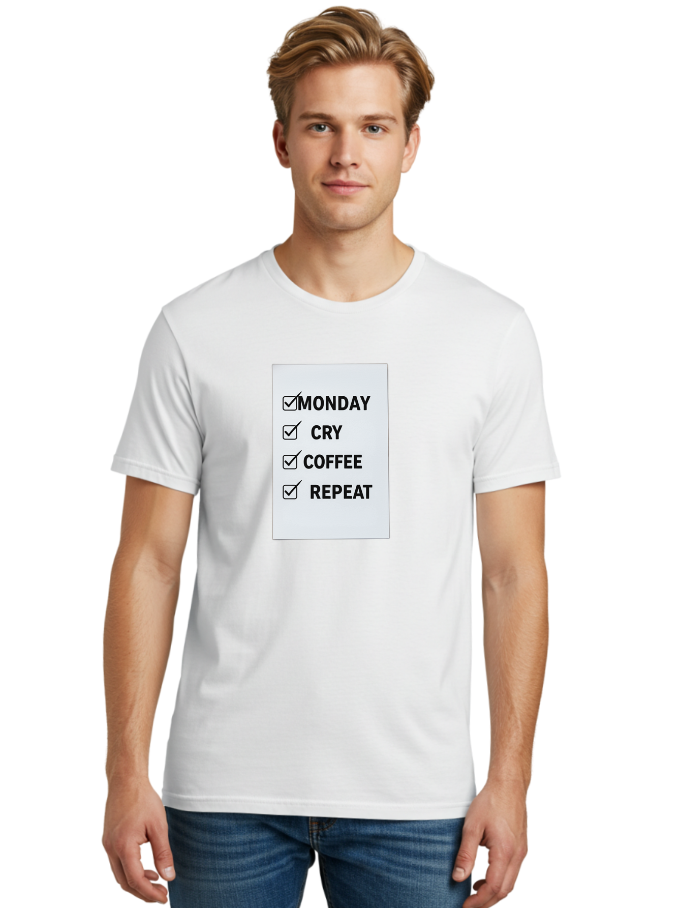 Monday-Cry-Coffee-Repeat-1 Men'S Graphic Tee, 100% Cotton, Comfortable Casual Summer Wear, Machine Washable, Monday Motivation, Funny To-Do List, Coffee Humor, Monday Blues, Office Humor, Work Life Balance, Morning Routine, Coffee Break Bae514 24