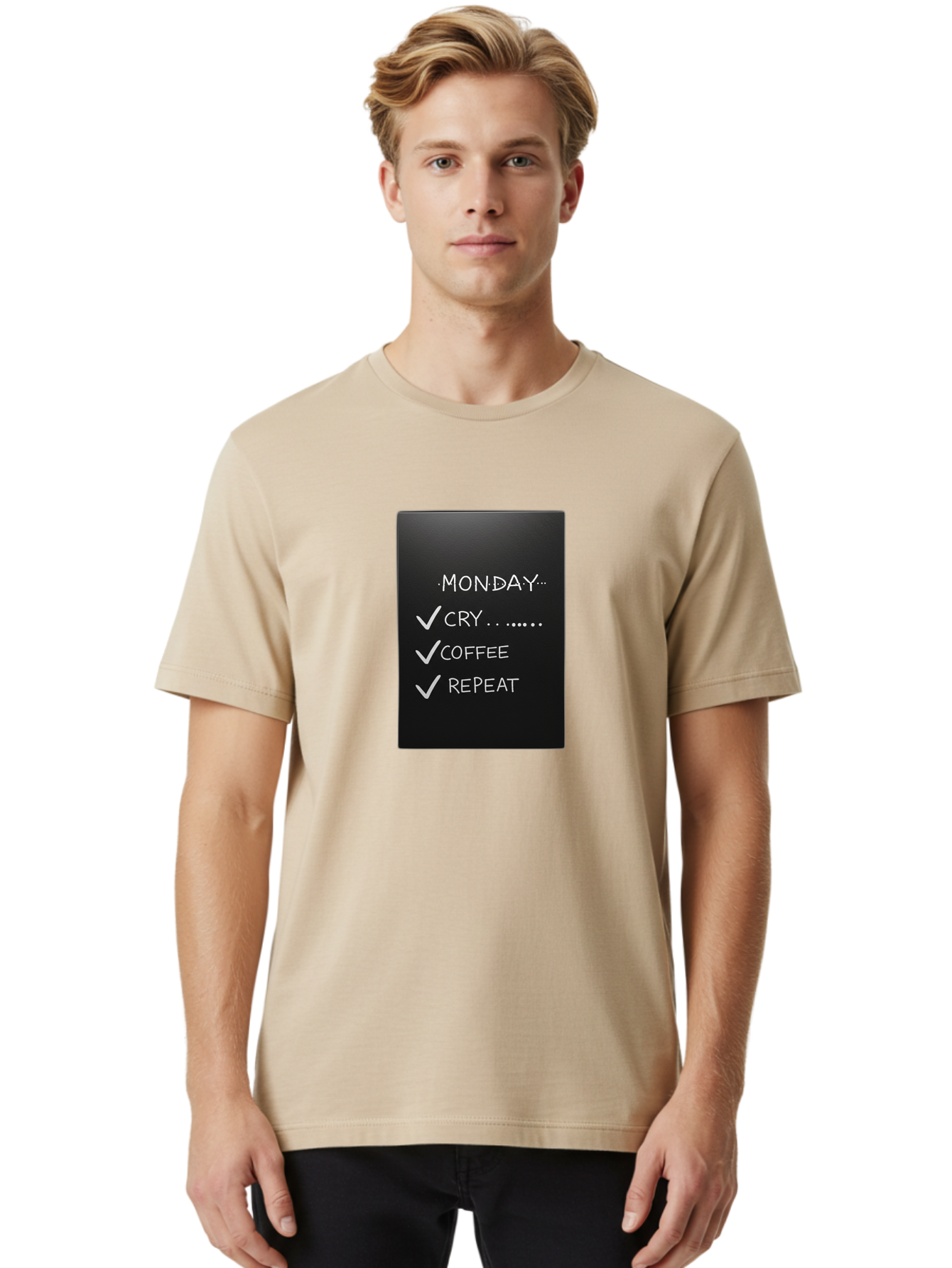 Monday-Cry-Coffee-Repeat-2 Men'S Graphic Tee, 100% Cotton, Comfortable Casual Summer Wear, Machine Washable, Humorous Quote, Monday Motivation, Funny Memes, Coffee Lover, Monday Blues, Motivational Quotes, Relatable Humor Bae515 23