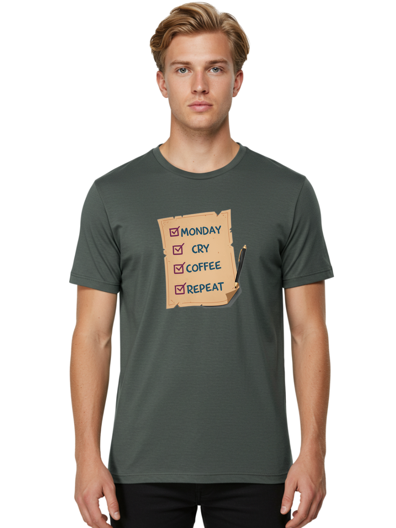 Monday-Cry-Coffee-Repeat-3 Men'S Graphic Tee, 100% Cotton, Comfortable Casual Summer Wear, Machine Washable, Humorous To-Do List, Monday Motivation, Coffee Humor, Funny Office Quotes, Relatable Workspace, Quirky Stationery, Bae516 16