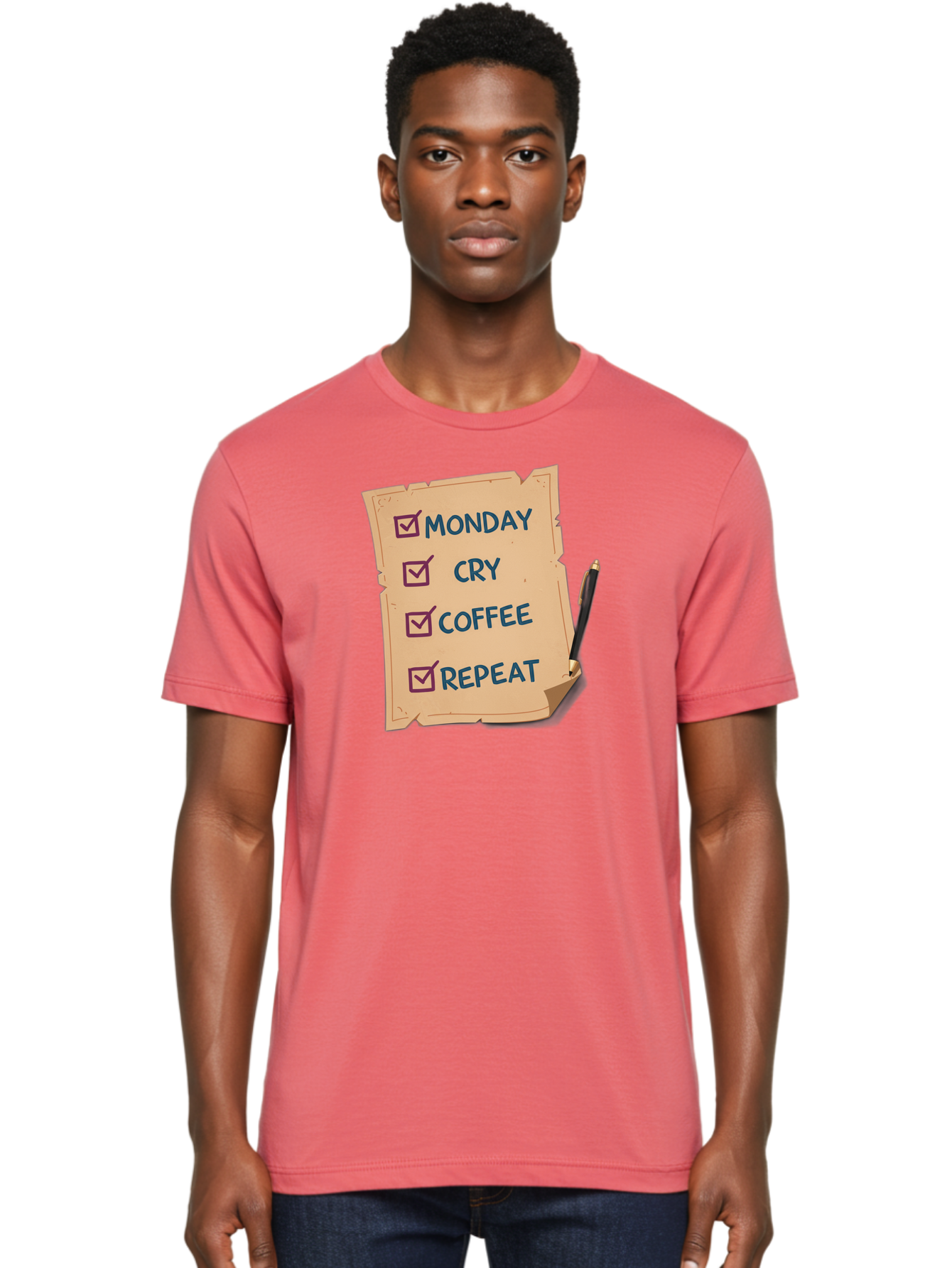 Monday-Cry-Coffee-Repeat-3 Men'S Graphic Tee, 100% Cotton, Comfortable Casual Summer Wear, Machine Washable, Humorous To-Do List, Monday Motivation, Coffee Humor, Funny Office Quotes, Relatable Workspace, Quirky Stationery, Bae516 20
