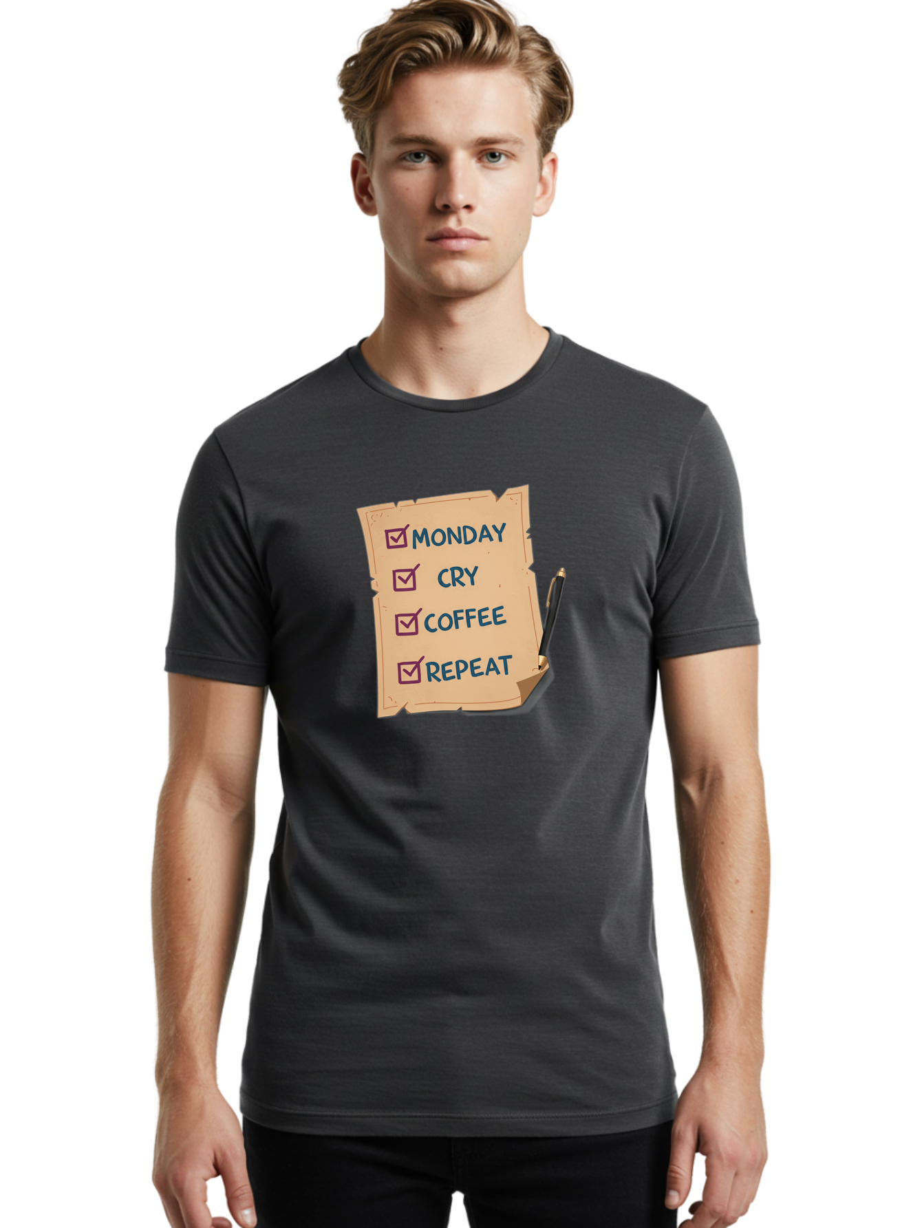 Monday-Cry-Coffee-Repeat-3 Men'S Graphic Tee, 100% Cotton, Comfortable Casual Summer Wear, Machine Washable, Humorous To-Do List, Monday Motivation, Coffee Humor, Funny Office Quotes, Relatable Workspace, Quirky Stationery, Bae516 28