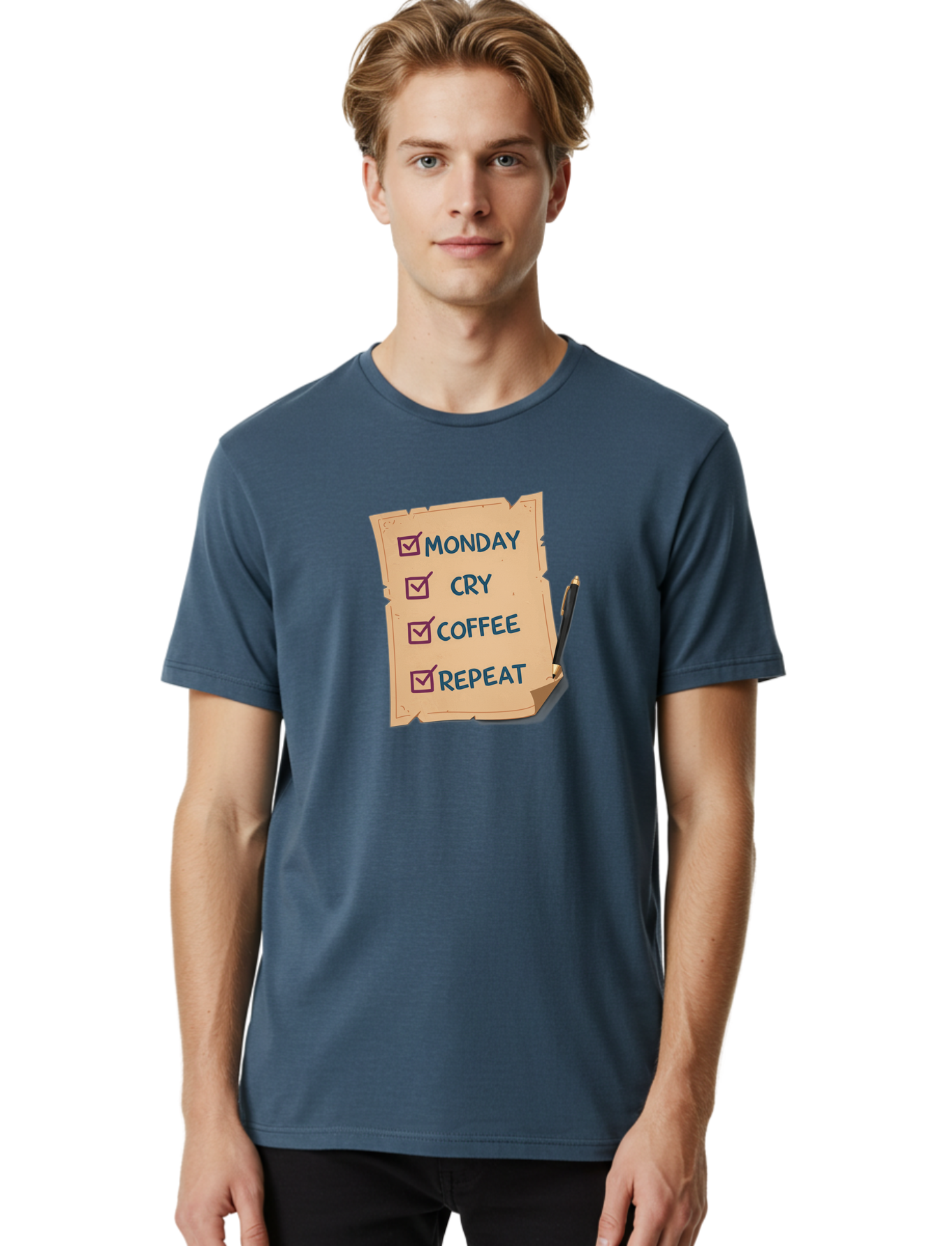 Monday-Cry-Coffee-Repeat-3 Men'S Graphic Tee, 100% Cotton, Comfortable Casual Summer Wear, Machine Washable, Humorous To-Do List, Monday Motivation, Coffee Humor, Funny Office Quotes, Relatable Workspace, Quirky Stationery, Bae516 26