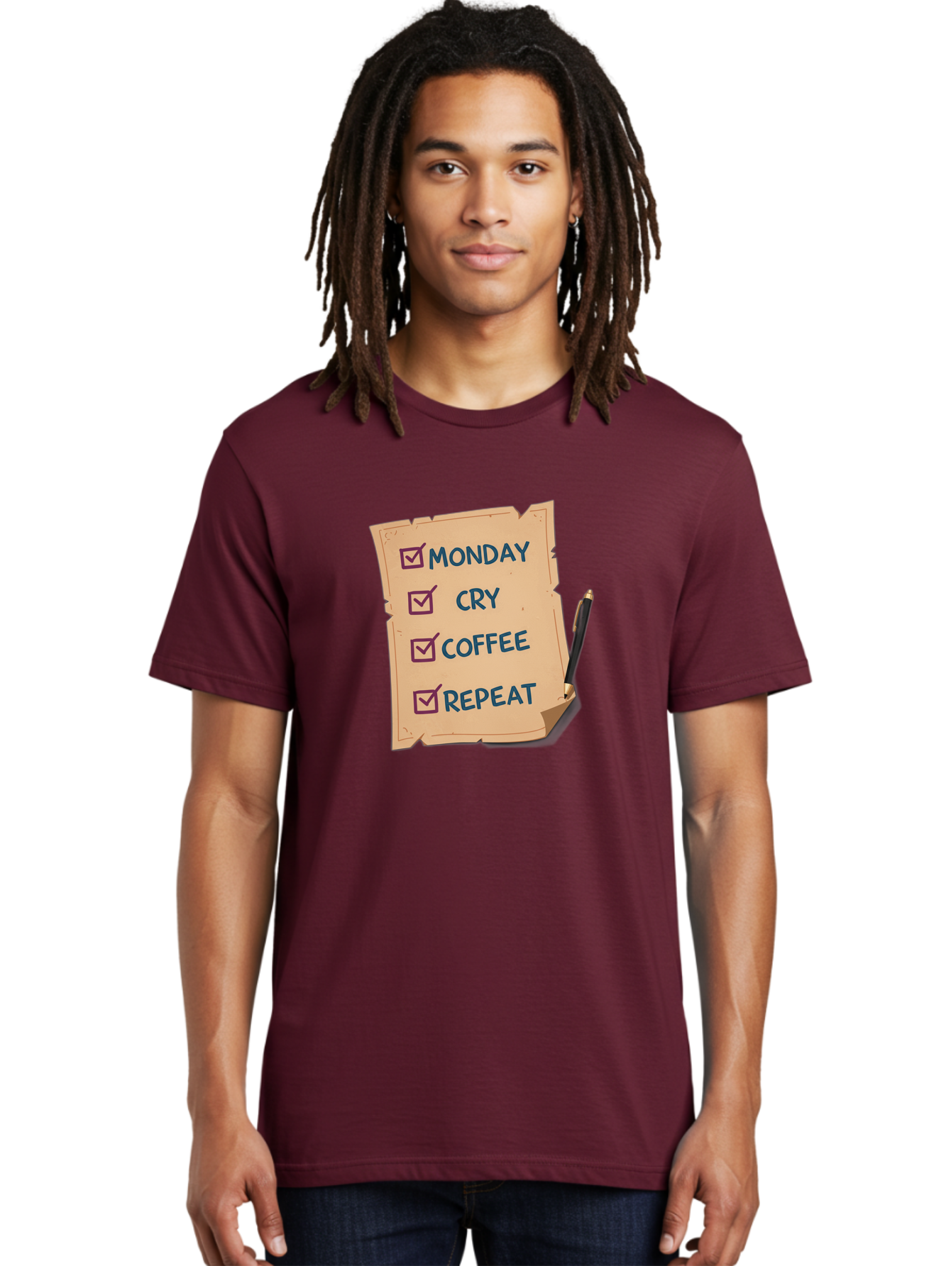 Monday-Cry-Coffee-Repeat-3 Men'S Graphic Tee, 100% Cotton, Comfortable Casual Summer Wear, Machine Washable, Humorous To-Do List, Monday Motivation, Coffee Humor, Funny Office Quotes, Relatable Workspace, Quirky Stationery, Bae516 29