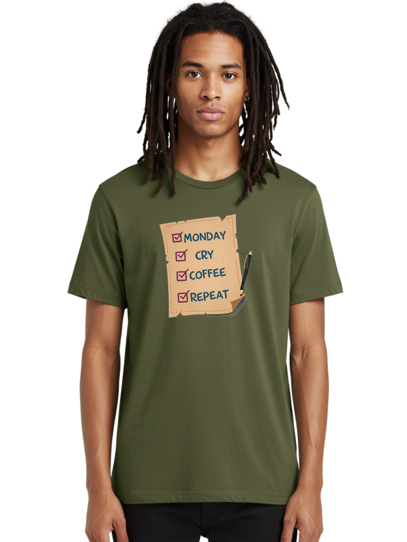 Monday-Cry-Coffee-Repeat-3 Men'S Graphic Tee, 100% Cotton, Comfortable Casual Summer Wear, Machine Washable, Humorous To-Do List, Monday Motivation, Coffee Humor, Funny Office Quotes, Relatable Workspace, Quirky Stationery, Bae516 17