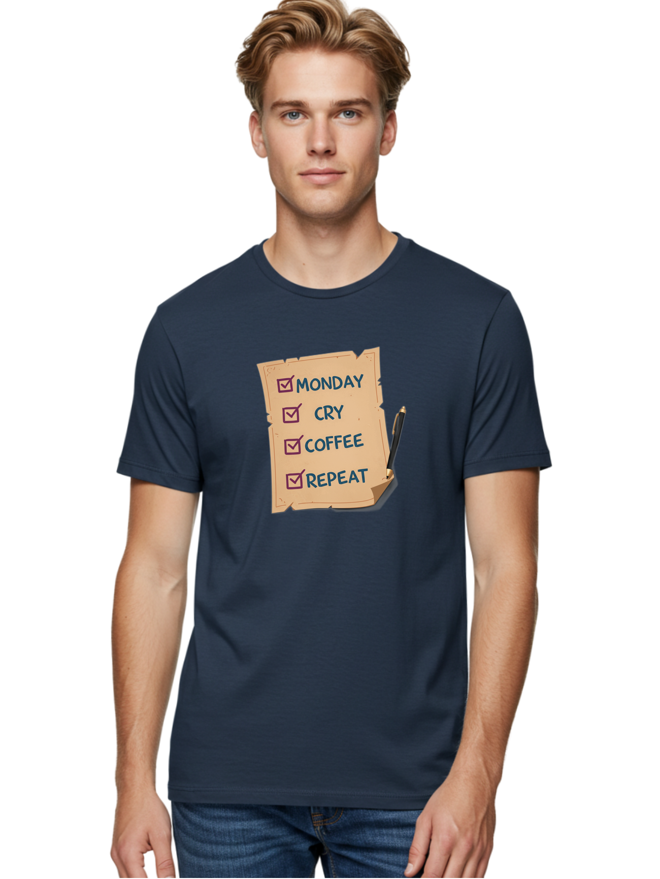 Monday-Cry-Coffee-Repeat-3 Men'S Graphic Tee, 100% Cotton, Comfortable Casual Summer Wear, Machine Washable, Humorous To-Do List, Monday Motivation, Coffee Humor, Funny Office Quotes, Relatable Workspace, Quirky Stationery, Bae516 23