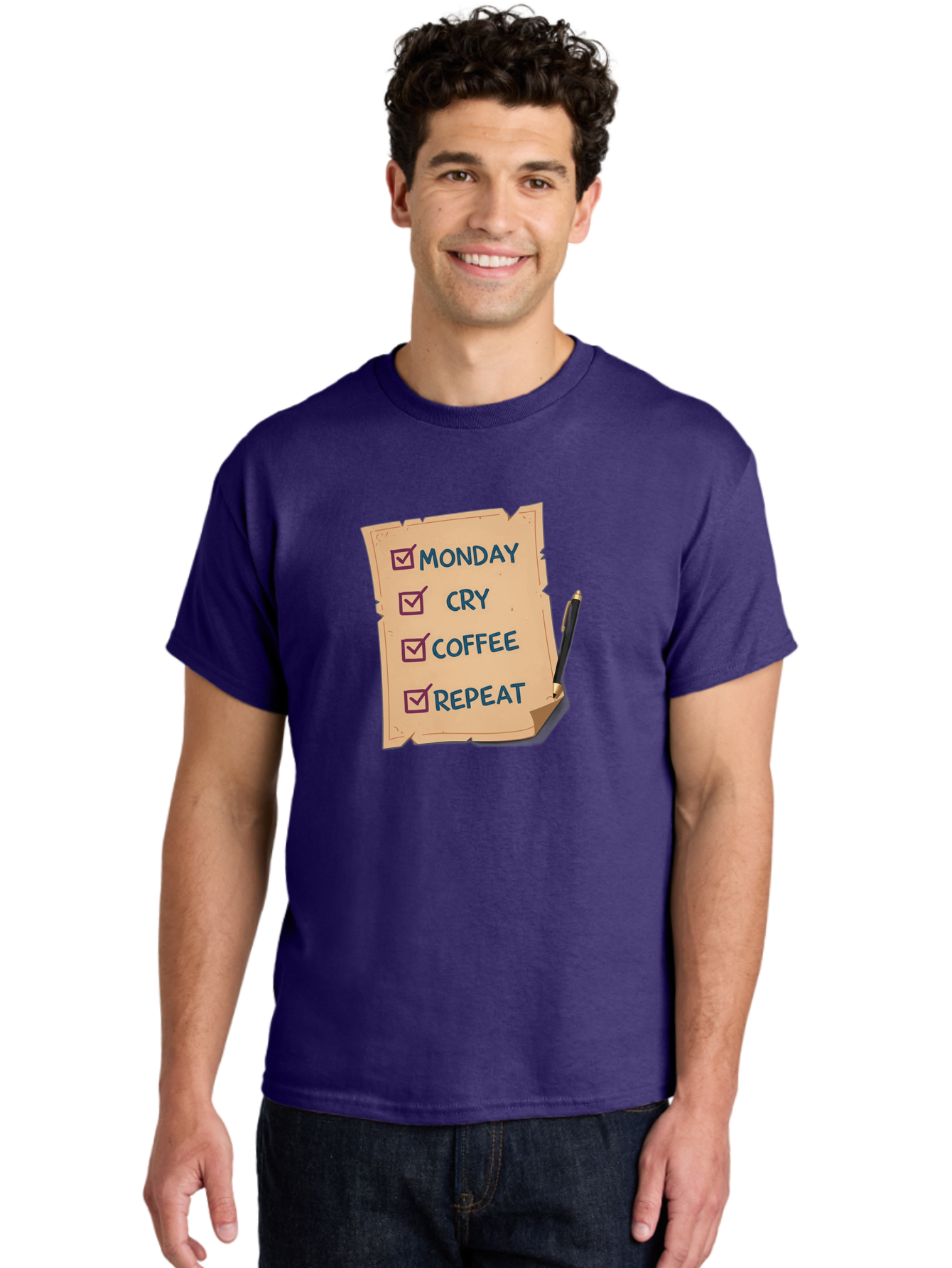 Monday-Cry-Coffee-Repeat-3 Men'S Graphic Tee, 100% Cotton, Comfortable Casual Summer Wear, Machine Washable, Humorous To-Do List, Monday Motivation, Coffee Humor, Funny Office Quotes, Relatable Workspace, Quirky Stationery, Bae516 22