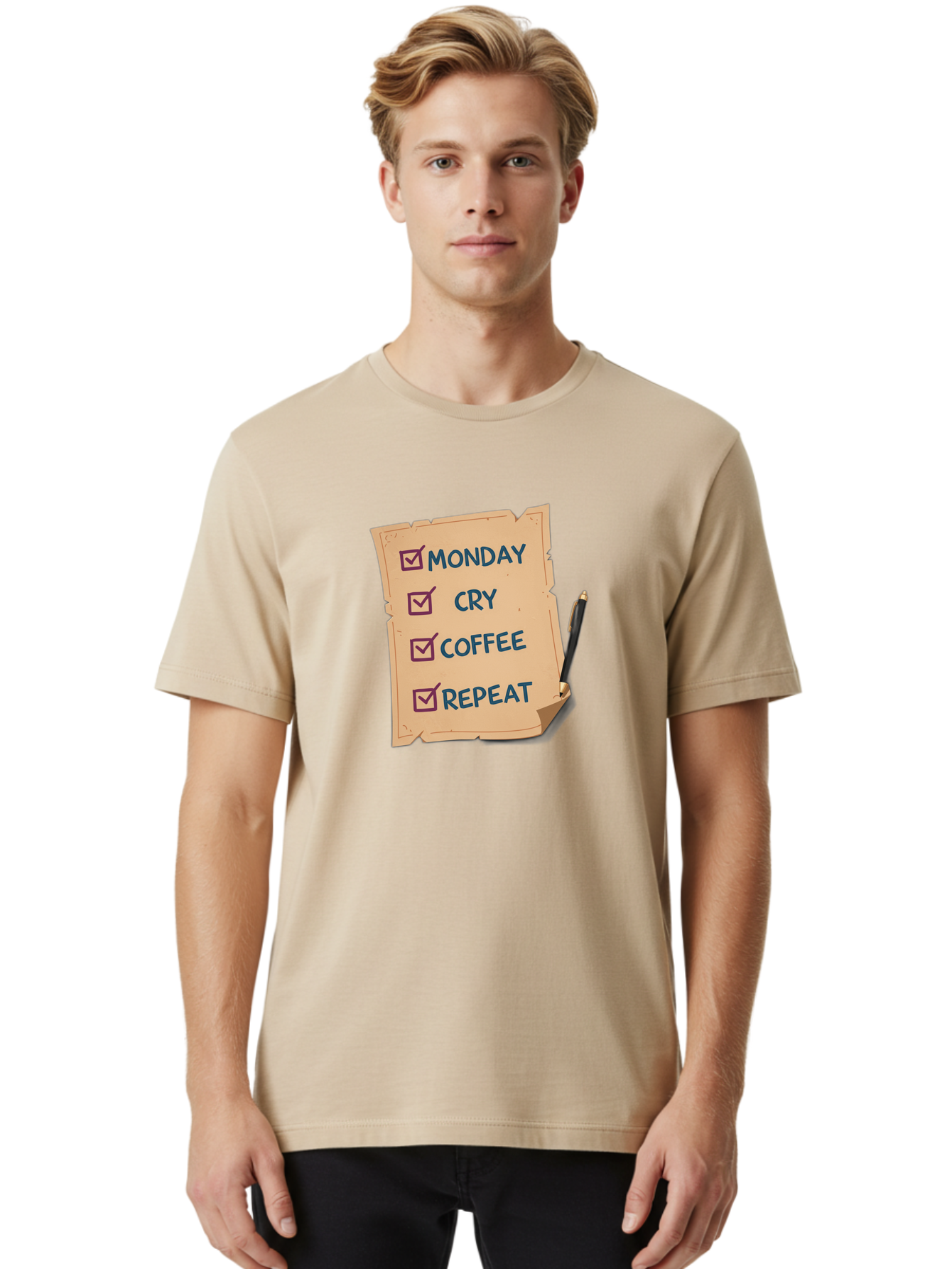 Monday-Cry-Coffee-Repeat-3 Men'S Graphic Tee, 100% Cotton, Comfortable Casual Summer Wear, Machine Washable, Humorous To-Do List, Monday Motivation, Coffee Humor, Funny Office Quotes, Relatable Workspace, Quirky Stationery, Bae516 24