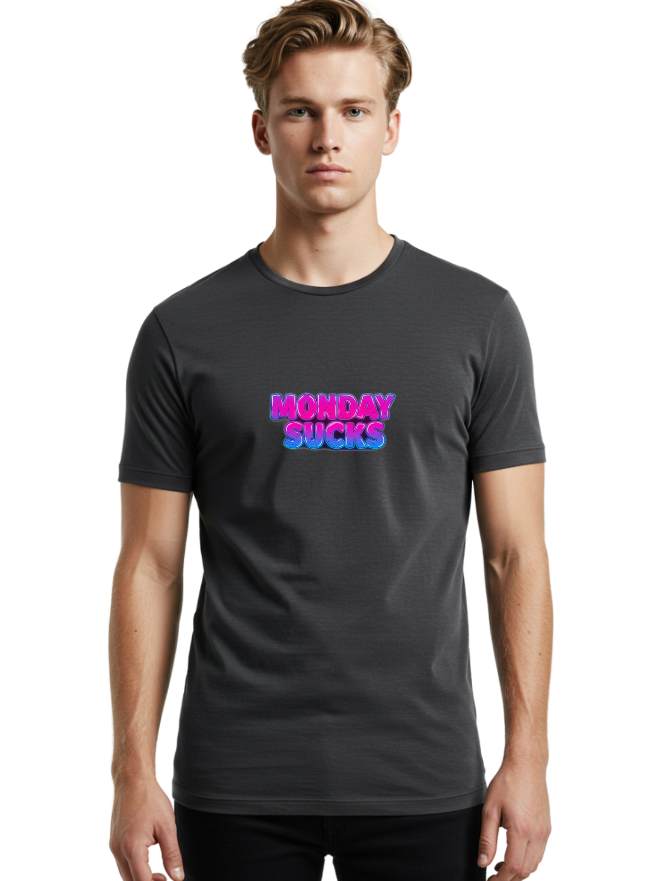 Monday-Sucks-1 Men'S Graphic Tee, 100% Cotton, Comfortable Casual Summer Wear, Machine Washable, Monday Motivation, Motivational Quote, Funny Meme, Humor, Sarcasm, Workweek Grind, Relief, Colorful Text, Pink, Blue, Gradient, Workplace Humor, Bae534 29