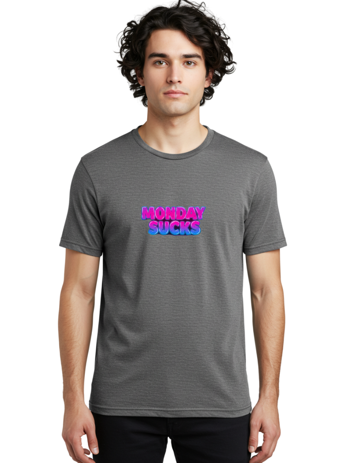 Monday-Sucks-1 Men'S Graphic Tee, 100% Cotton, Comfortable Casual Summer Wear, Machine Washable, Monday Motivation, Motivational Quote, Funny Meme, Humor, Sarcasm, Workweek Grind, Relief, Colorful Text, Pink, Blue, Gradient, Workplace Humor, Bae534 30