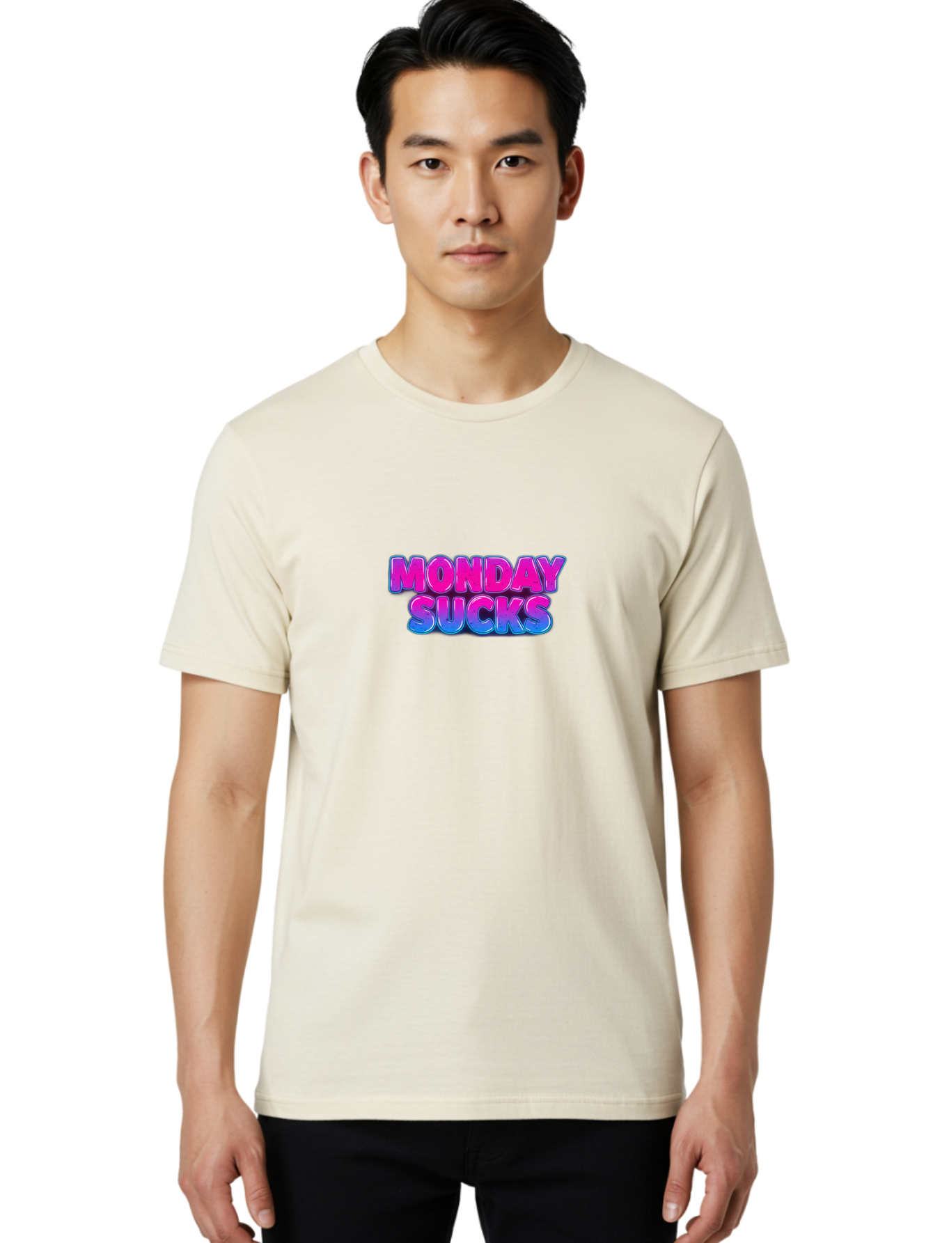 Monday-Sucks-1 Men'S Graphic Tee, 100% Cotton, Comfortable Casual Summer Wear, Machine Washable, Monday Motivation, Motivational Quote, Funny Meme, Humor, Sarcasm, Workweek Grind, Relief, Colorful Text, Pink, Blue, Gradient, Workplace Humor, Bae534 28