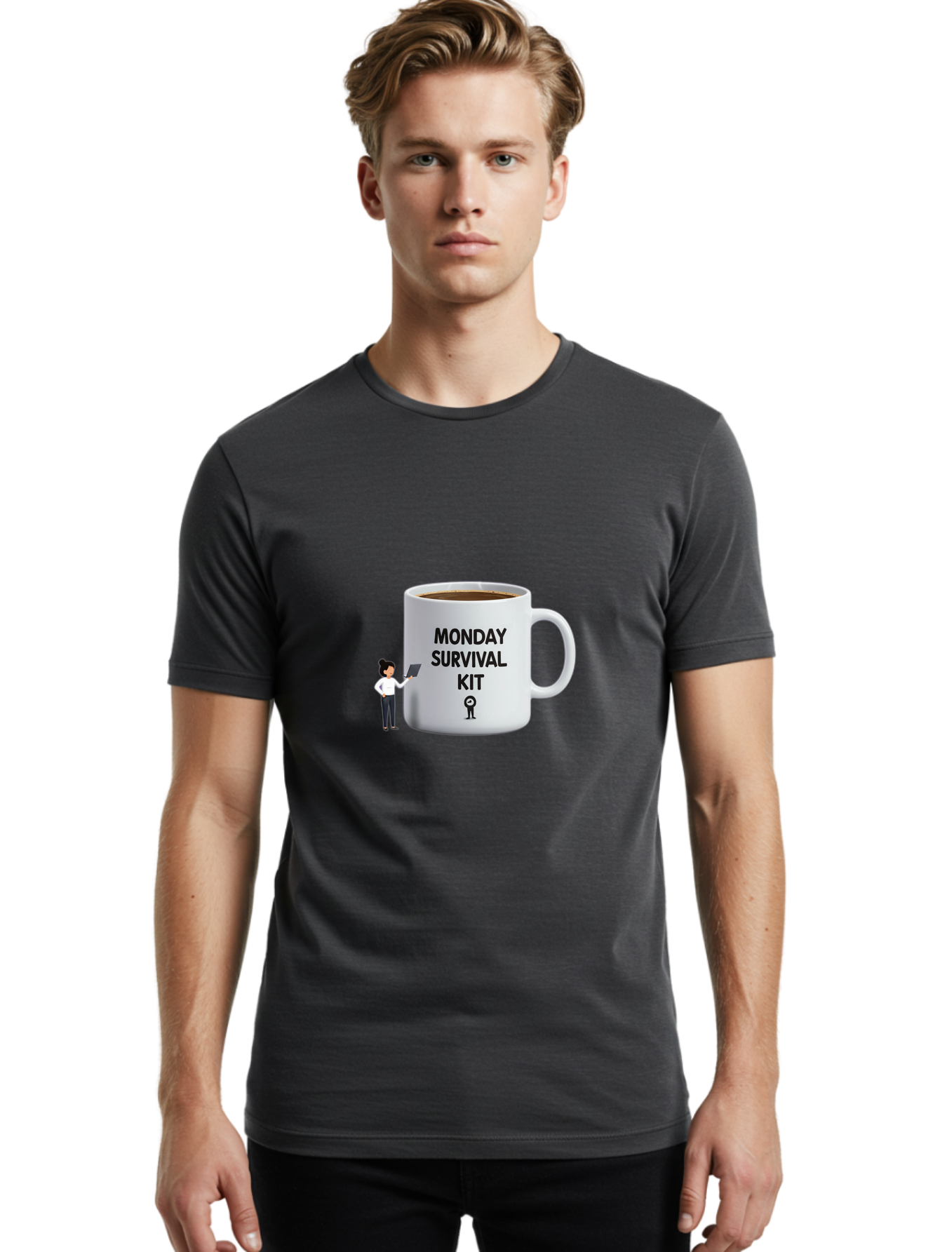 Monday-Survival-Kit Men'S Graphic Tee, 100% Cotton, Comfortable Casual Summer Wear, Machine Washable, Coffee Mug, Monday Motivation, Survival Kit, Morning Coffee, Coffee Break, Motivation, Morning Routine, Funny Coffee Mug, Office Humor, Bae538 23