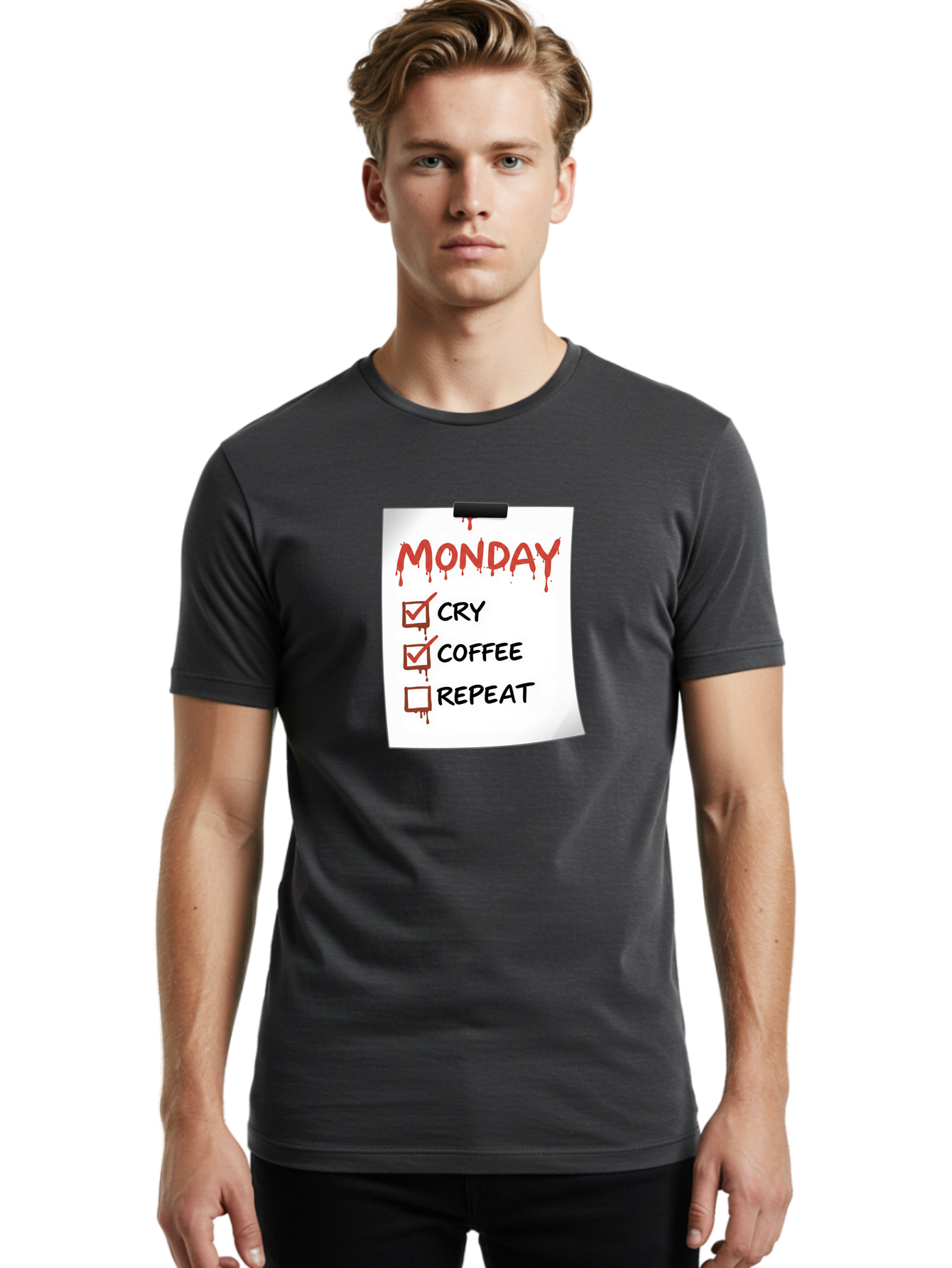 Monday-To-Do-List-2 Men'S Graphic Tee, 100% Cotton, Comfortable Casual Summer Wear, Machine Washable, Humorous To-Do List, Monday Blues, Cry, Coffee, Repeat, Funny Office Humor, Workplace Comedy, Blood Dripping Text, Checklist, Relatable Meme Bae540 16