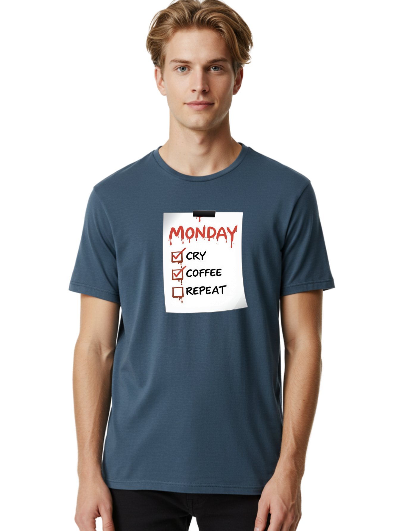 Monday-To-Do-List-2 Men'S Graphic Tee, 100% Cotton, Comfortable Casual Summer Wear, Machine Washable, Humorous To-Do List, Monday Blues, Cry, Coffee, Repeat, Funny Office Humor, Workplace Comedy, Blood Dripping Text, Checklist, Relatable Meme Bae540 20