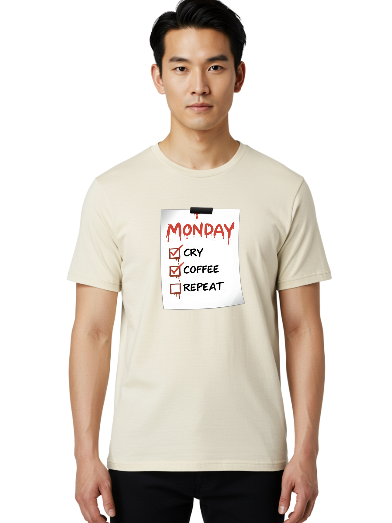 Monday-To-Do-List-2 Men'S Graphic Tee, 100% Cotton, Comfortable Casual Summer Wear, Machine Washable, Humorous To-Do List, Monday Blues, Cry, Coffee, Repeat, Funny Office Humor, Workplace Comedy, Blood Dripping Text, Checklist, Relatable Meme Bae540 22
