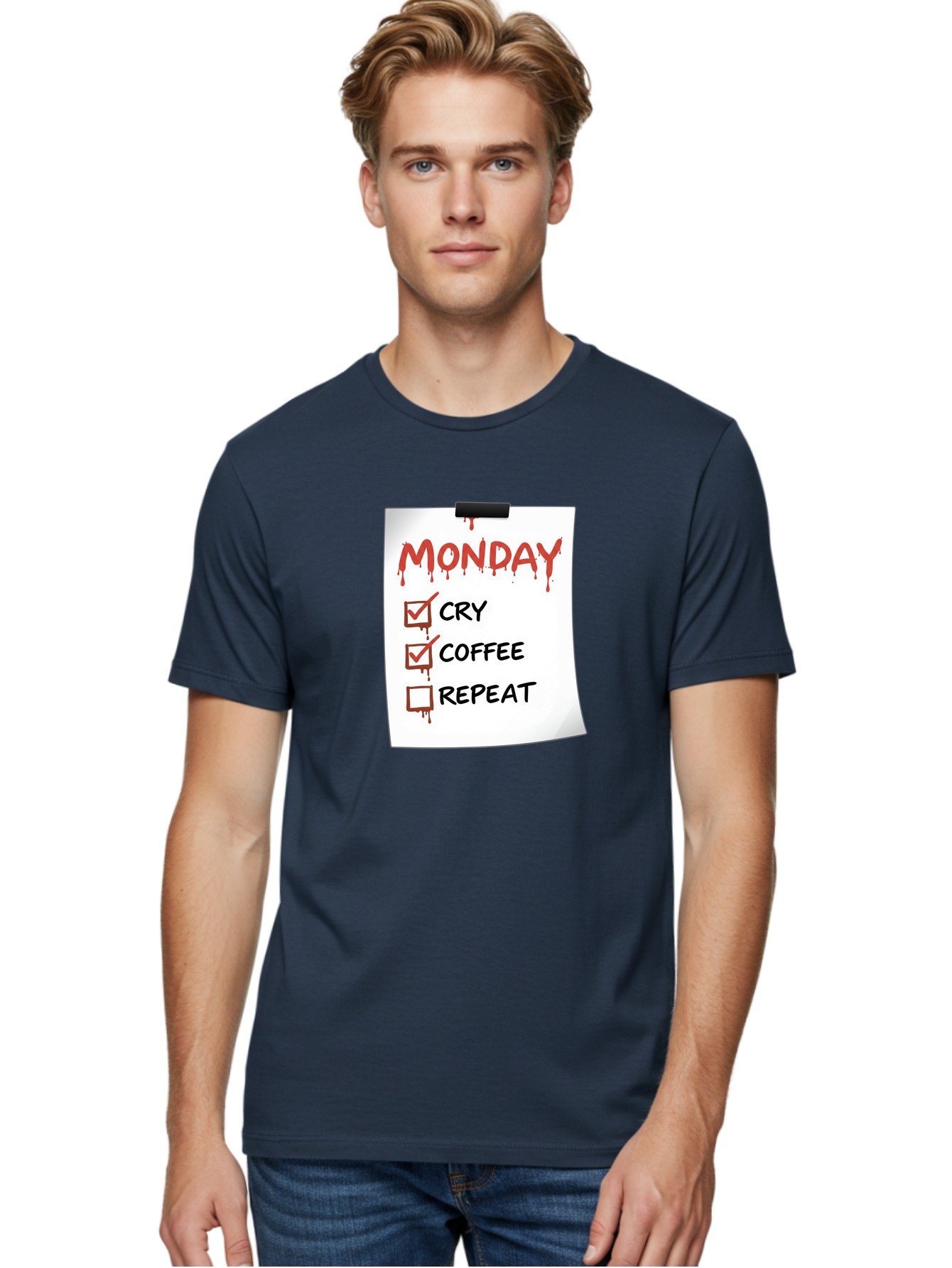 Monday-To-Do-List-2 Men'S Graphic Tee, 100% Cotton, Comfortable Casual Summer Wear, Machine Washable, Humorous To-Do List, Monday Blues, Cry, Coffee, Repeat, Funny Office Humor, Workplace Comedy, Blood Dripping Text, Checklist, Relatable Meme Bae540 23