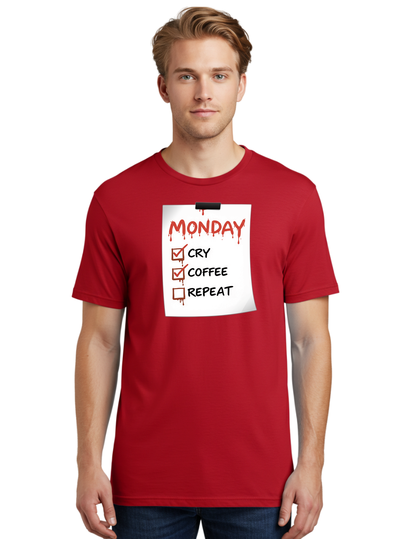 Monday-To-Do-List-2 Men'S Graphic Tee, 100% Cotton, Comfortable Casual Summer Wear, Machine Washable, Humorous To-Do List, Monday Blues, Cry, Coffee, Repeat, Funny Office Humor, Workplace Comedy, Blood Dripping Text, Checklist, Relatable Meme Bae540 25