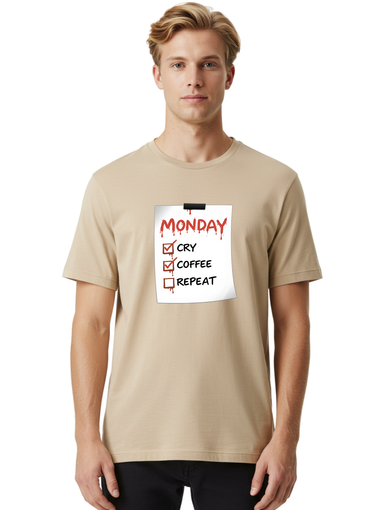Monday-To-Do-List-2 Men'S Graphic Tee, 100% Cotton, Comfortable Casual Summer Wear, Machine Washable, Humorous To-Do List, Monday Blues, Cry, Coffee, Repeat, Funny Office Humor, Workplace Comedy, Blood Dripping Text, Checklist, Relatable Meme Bae540 21