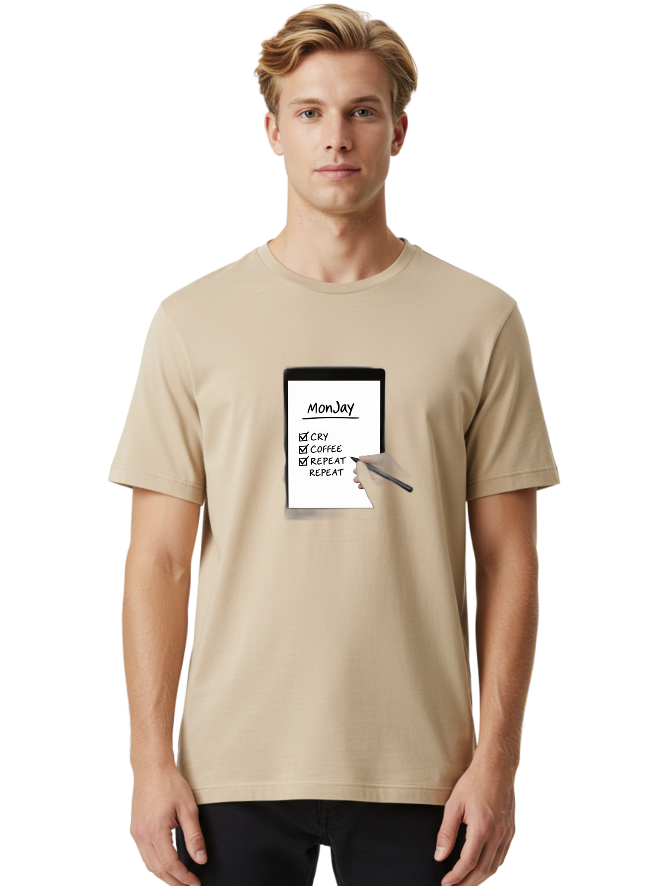 Monday-To-Do-List Men'S Graphic Tee, 100% Cotton, Comfortable Casual Summer Wear, Machine Washable, Monday To-Do List, Humorously Writing Task, Cry, Coffee, Repeat, Morning Routine Tasks, Checklist, Productivity, Task Management, Funny, Bae541 19