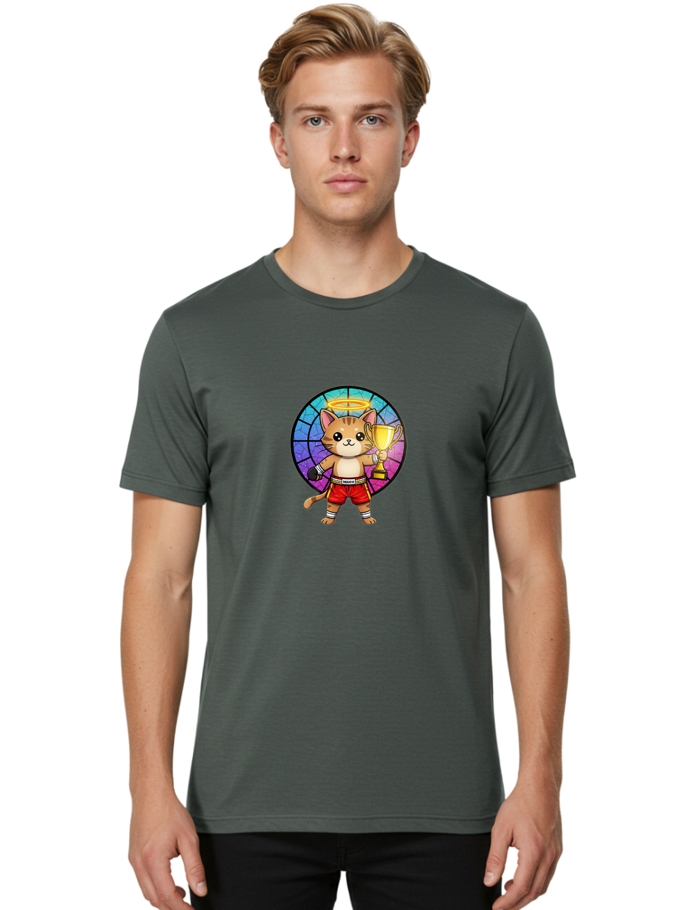 Muay-Cat-1 Men'S Graphic Tee, 100% Cotton, Comfortable Casual Summer Wear, Machine Washable, Cartoon Cat, Muay Thai Fighter, Gold Trophy, Boxing Gloves, Red Shorts, Champion, Victorious, Stained Glass, Halo, Whimsical Design, Funny Kitty, Bae544 22