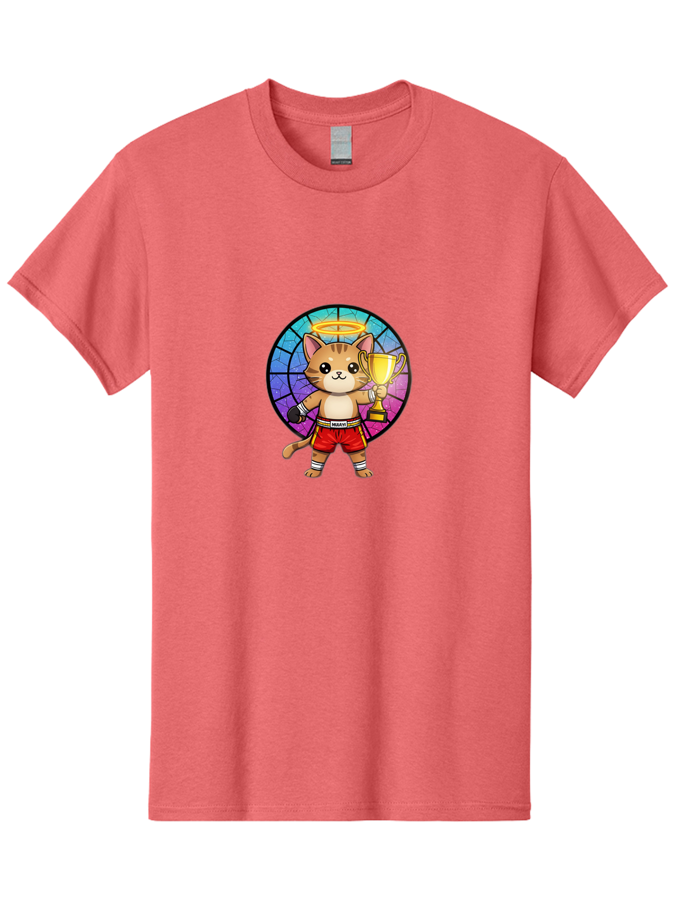 Muay-Cat-1 Men'S Graphic Tee, 100% Cotton, Comfortable Casual Summer Wear, Machine Washable, Cartoon Cat, Muay Thai Fighter, Gold Trophy, Boxing Gloves, Red Shorts, Champion, Victorious, Stained Glass, Halo, Whimsical Design, Funny Kitty, Bae544 5