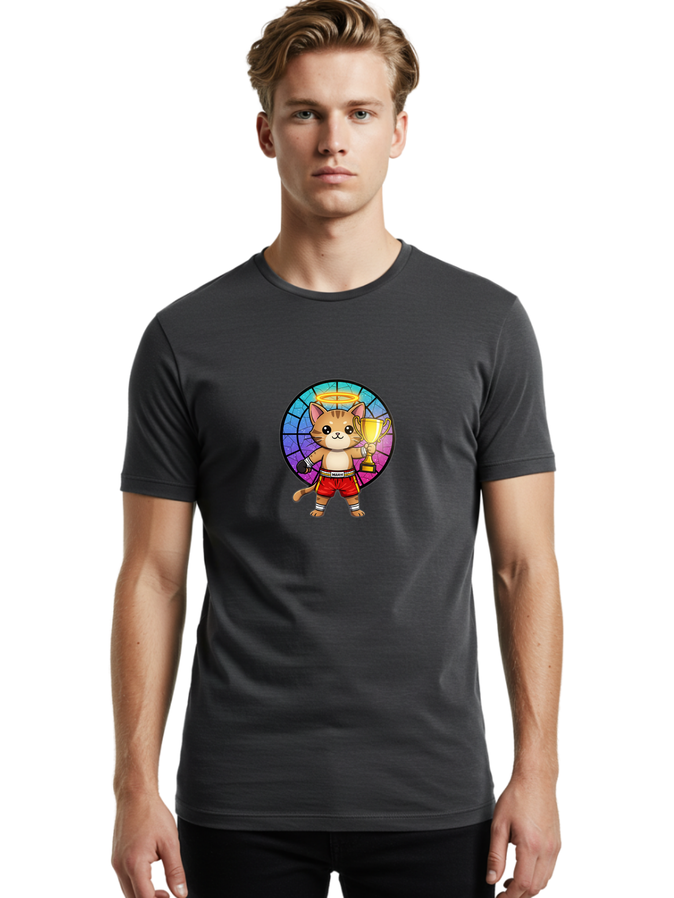 Muay-Cat-1 Men'S Graphic Tee, 100% Cotton, Comfortable Casual Summer Wear, Machine Washable, Cartoon Cat, Muay Thai Fighter, Gold Trophy, Boxing Gloves, Red Shorts, Champion, Victorious, Stained Glass, Halo, Whimsical Design, Funny Kitty, Bae544 30
