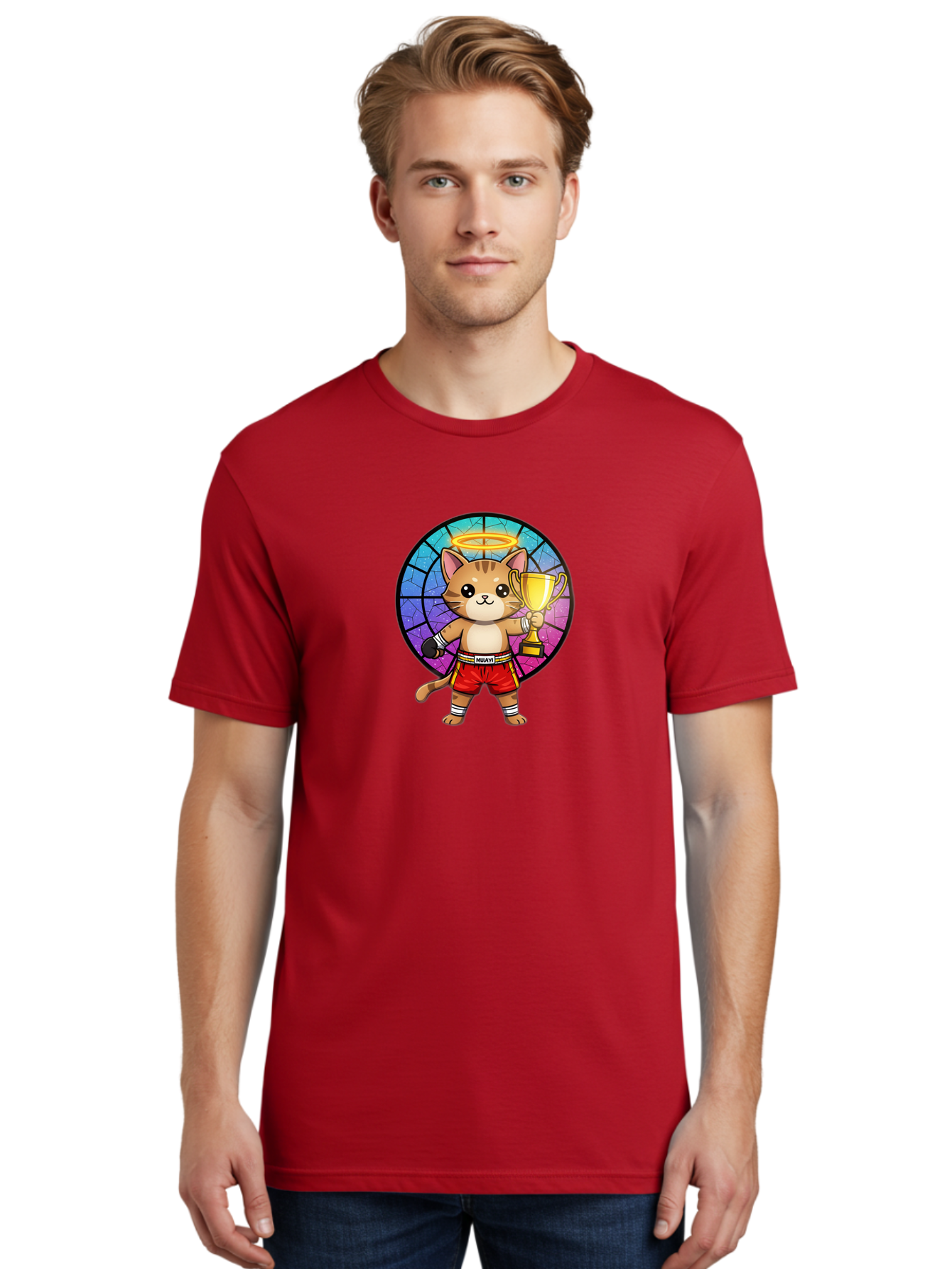 Muay-Cat-1 Men'S Graphic Tee, 100% Cotton, Comfortable Casual Summer Wear, Machine Washable, Cartoon Cat, Muay Thai Fighter, Gold Trophy, Boxing Gloves, Red Shorts, Champion, Victorious, Stained Glass, Halo, Whimsical Design, Funny Kitty, Bae544 26
